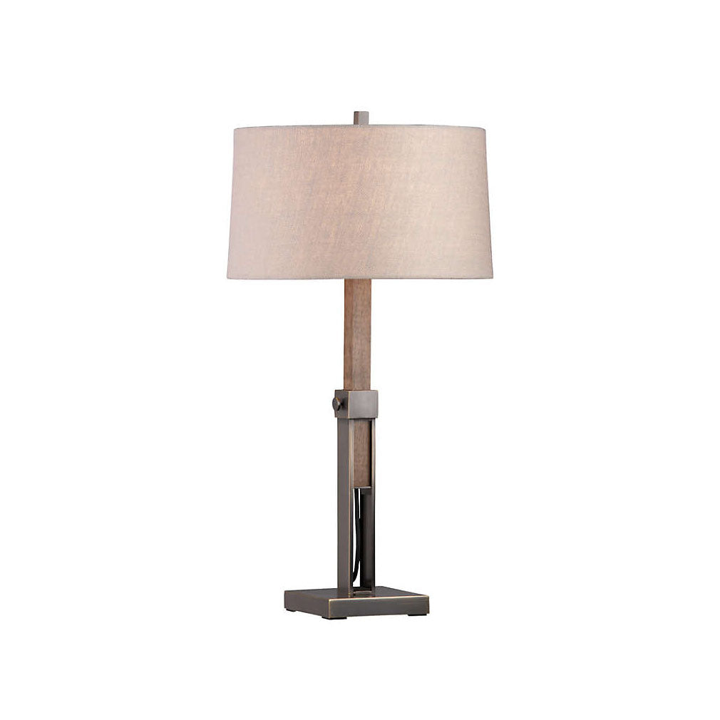Denley Table Lamp with bronze metal base and wood accent.