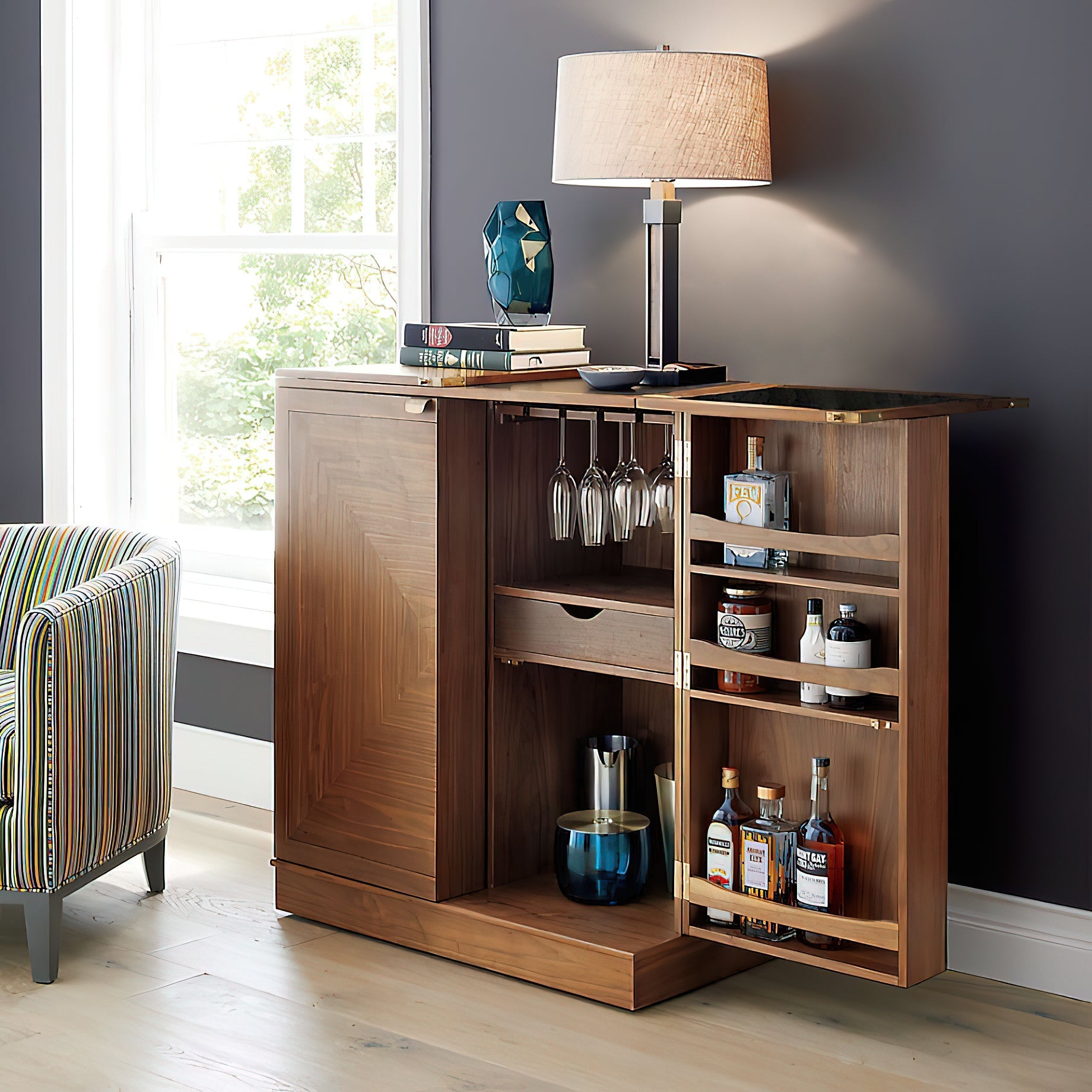 Detail of the wood and metal body of the Denley Table Lamp.