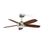 Destin Ceiling Fan Light with walnut wood blades and chrome finish.