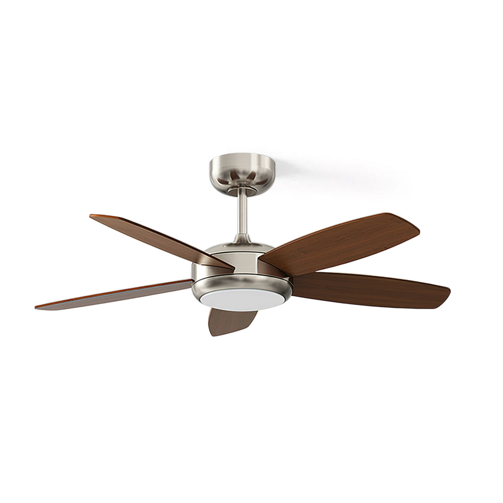 Destin Ceiling Fan Light with walnut wood blades and chrome finish.