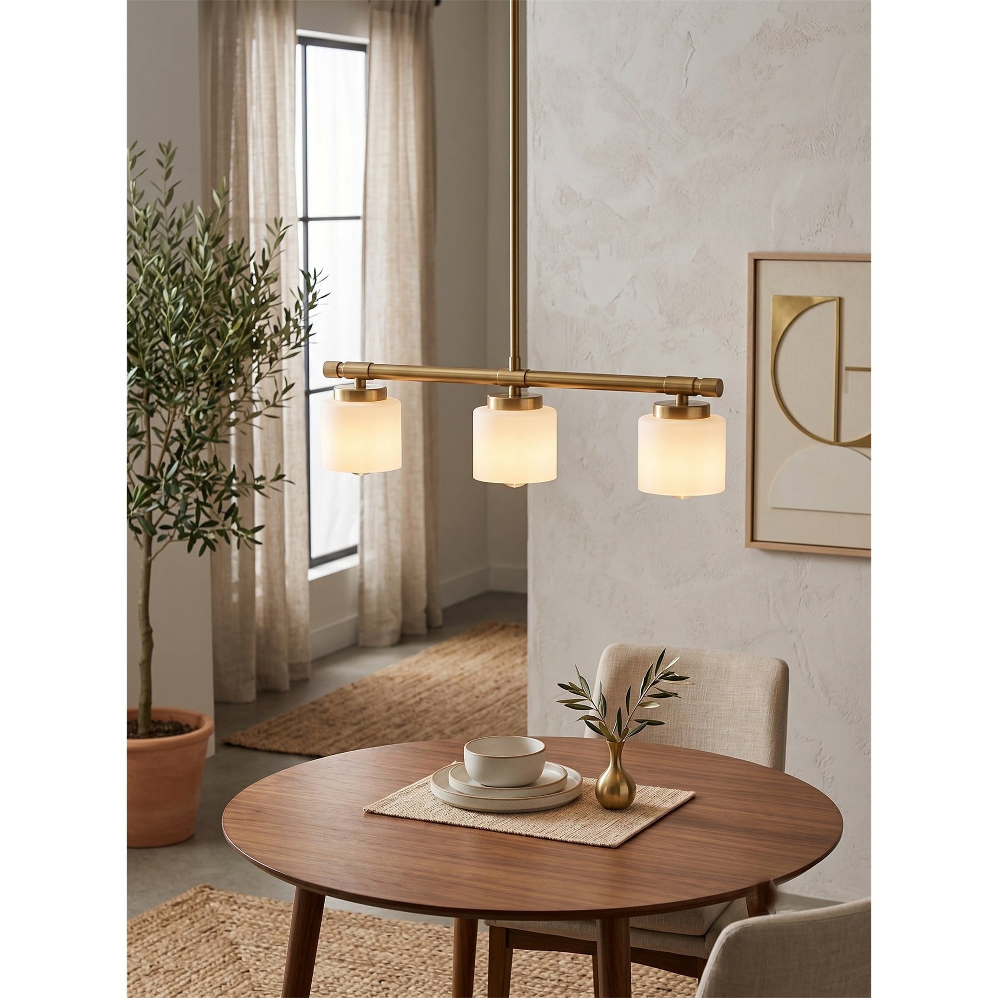 The Devon pendant in brass finish against a dark, moody wall.