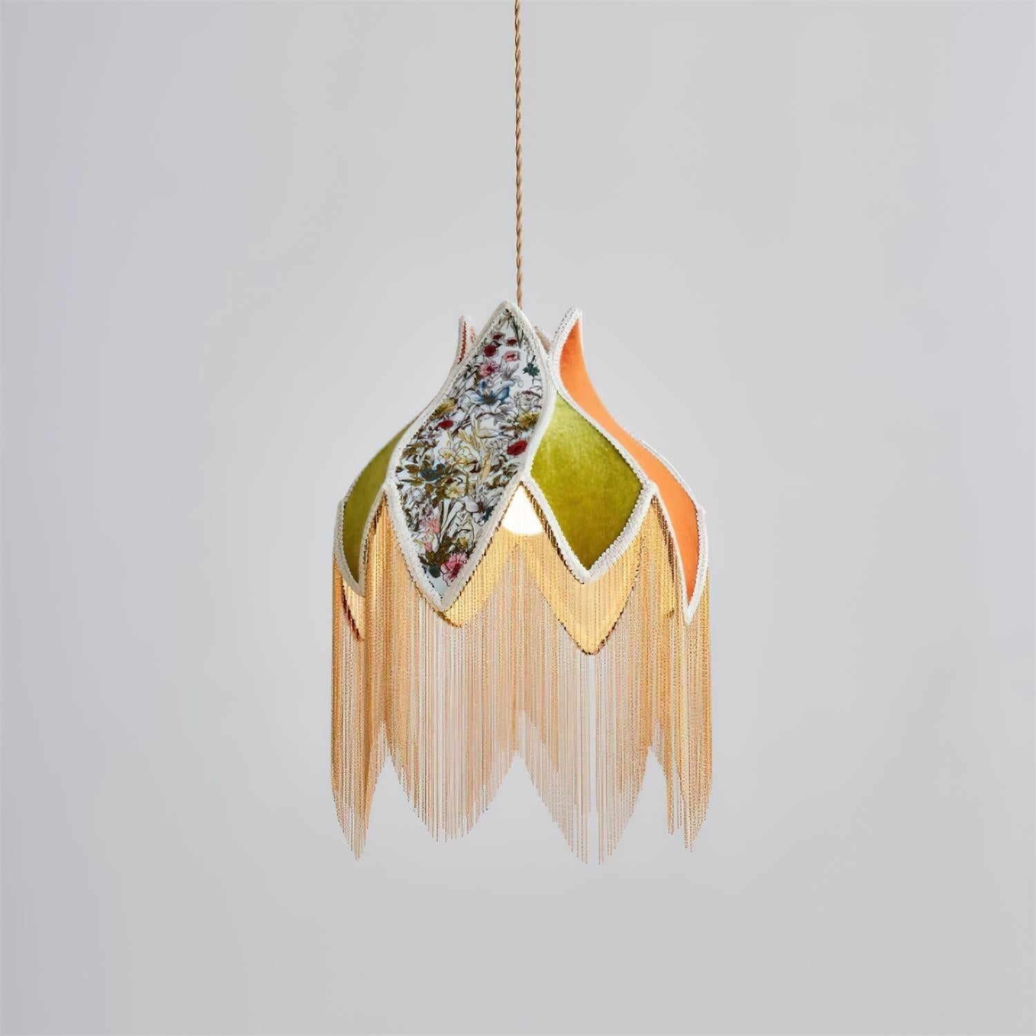 Pendant Lamp with Floral Petal Fabric Shade Fringe Bohemian