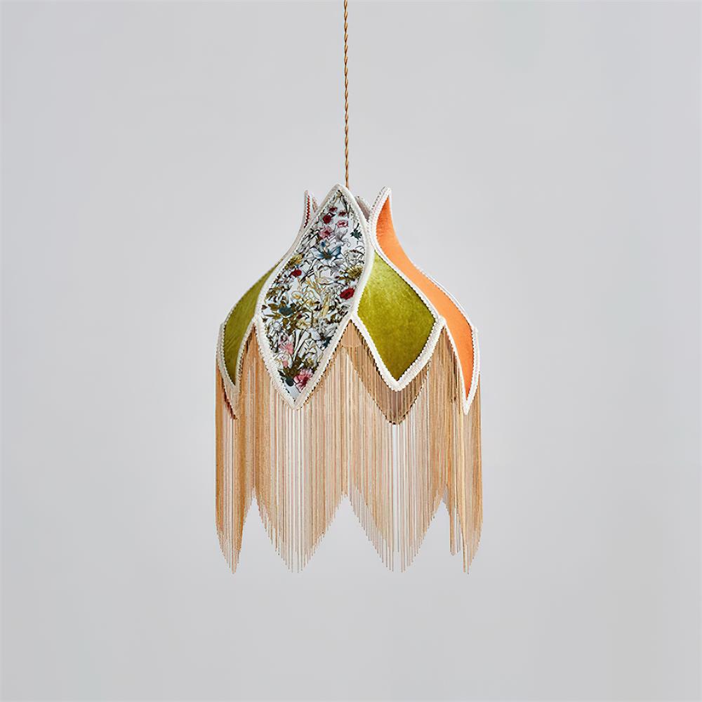 Pendant Lamp with Floral Petal Fabric Shade Fringe Bohemian