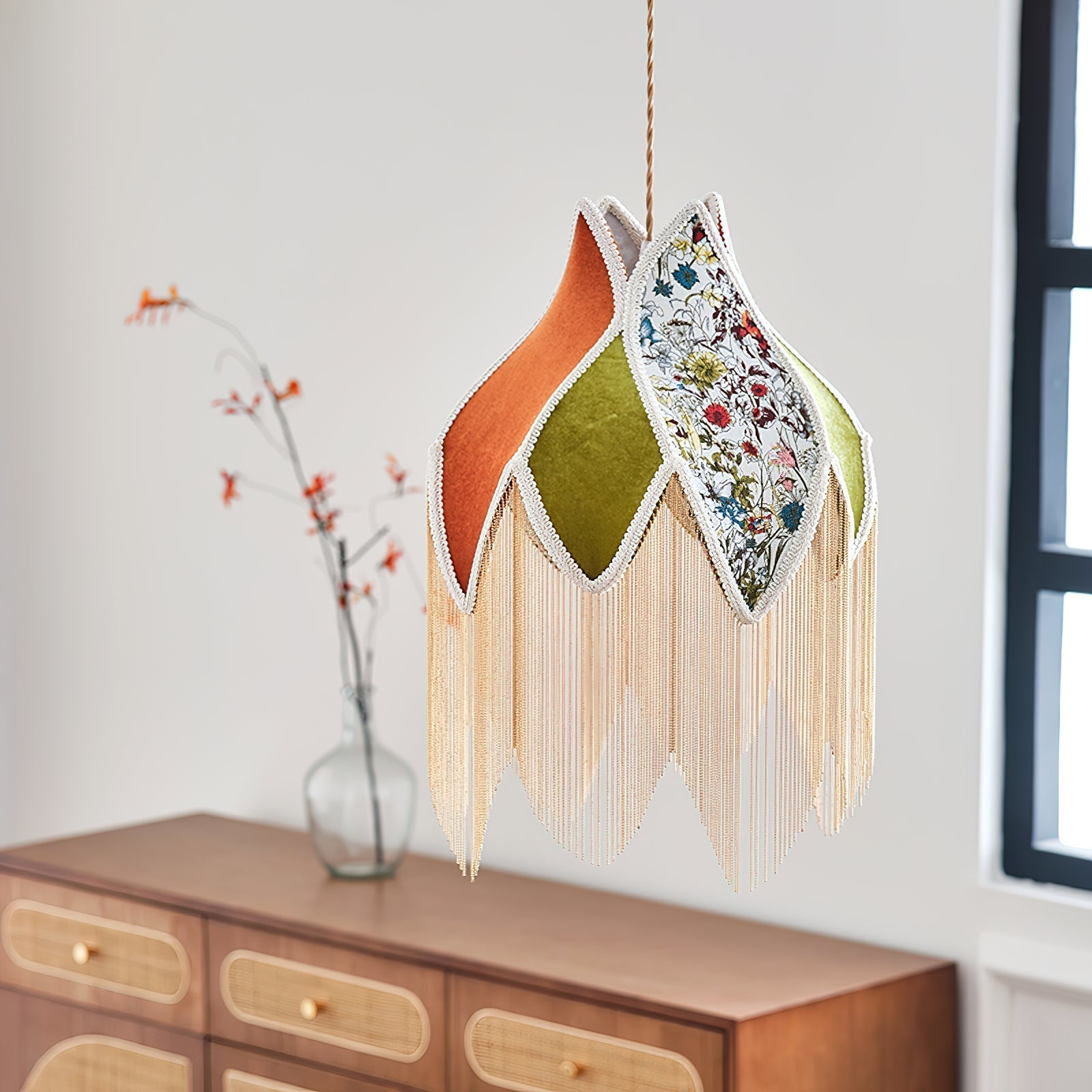 Pendant Lamp with Floral Petal Fabric Shade Fringe Bohemian