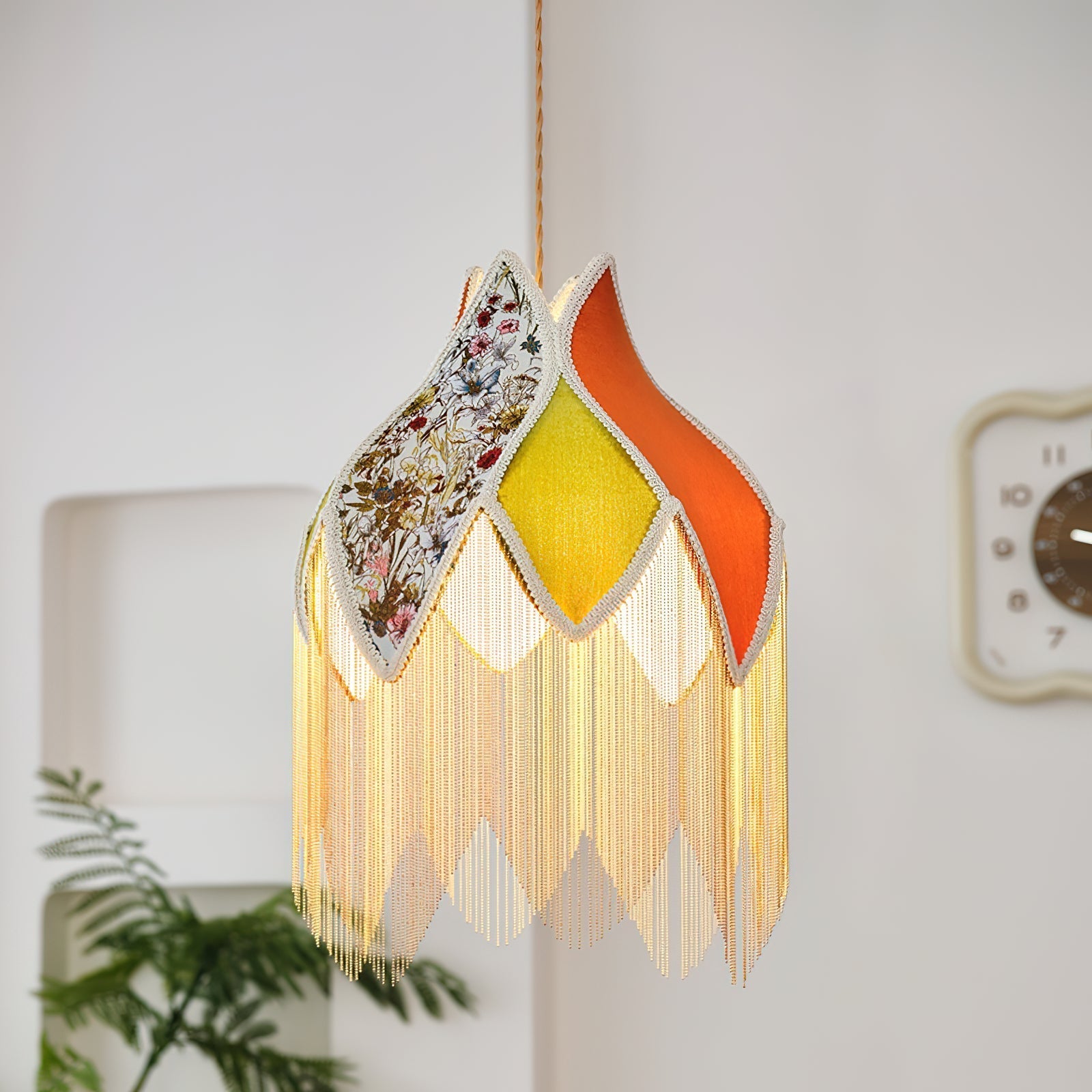 Pendant Lamp with Floral Petal Fabric Shade Fringe Bohemian
