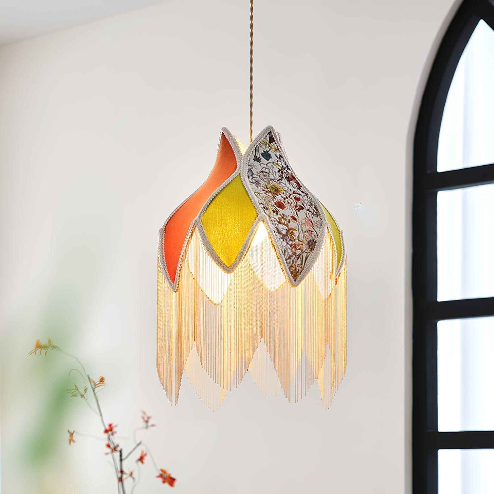 Pendant Lamp with Floral Petal Fabric Shade Fringe Bohemian