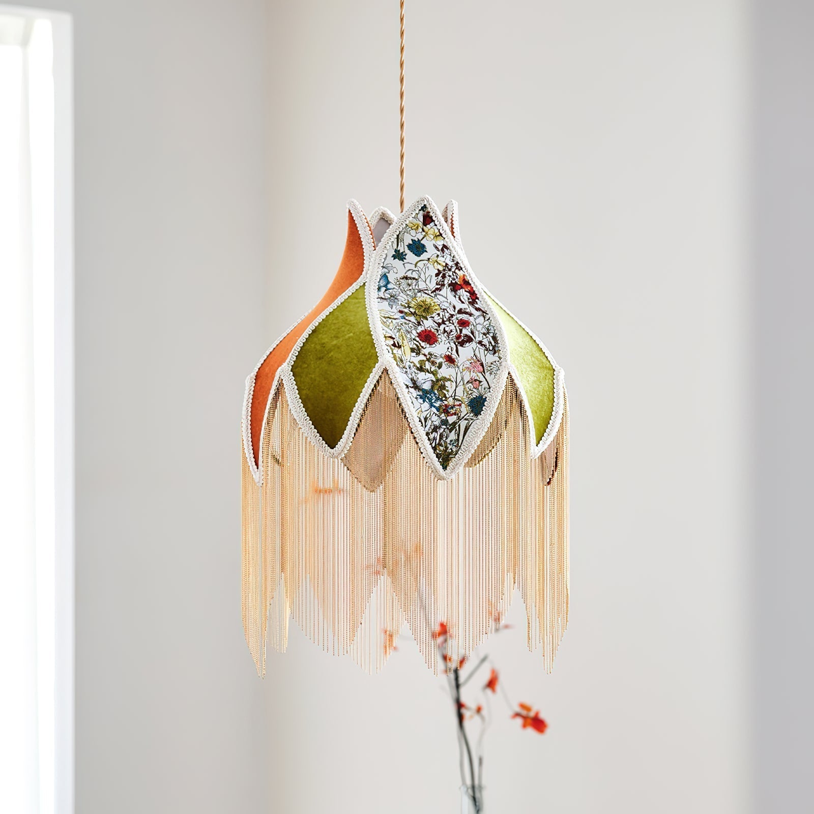 Pendant Lamp with Floral Petal Fabric Shade Fringe Bohemian