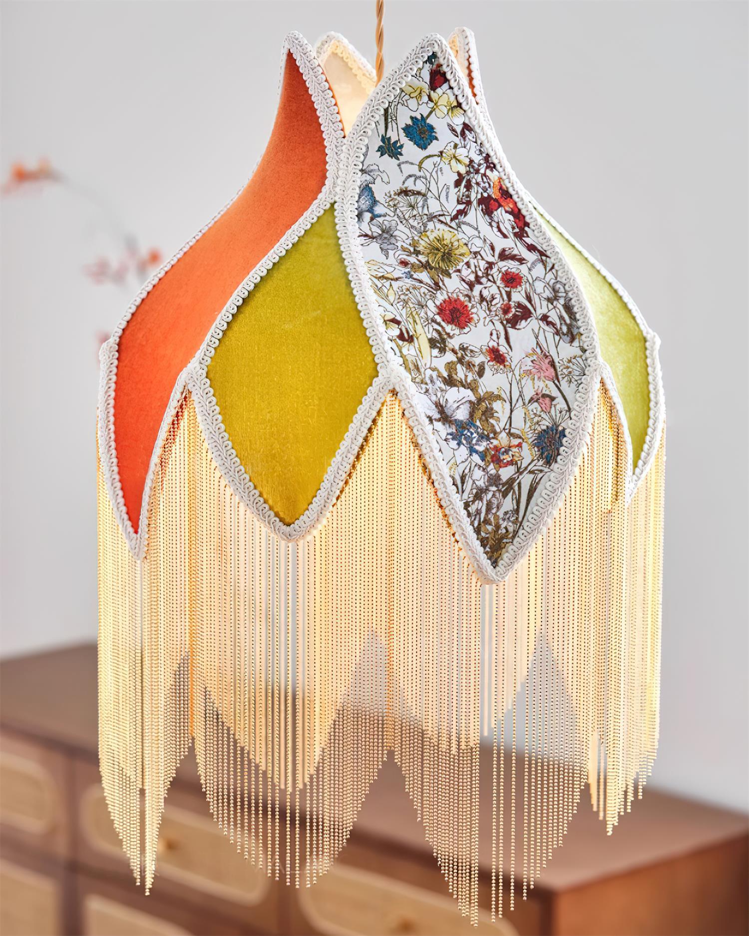 Pendant Lamp with Floral Petal Fabric Shade Fringe Bohemian