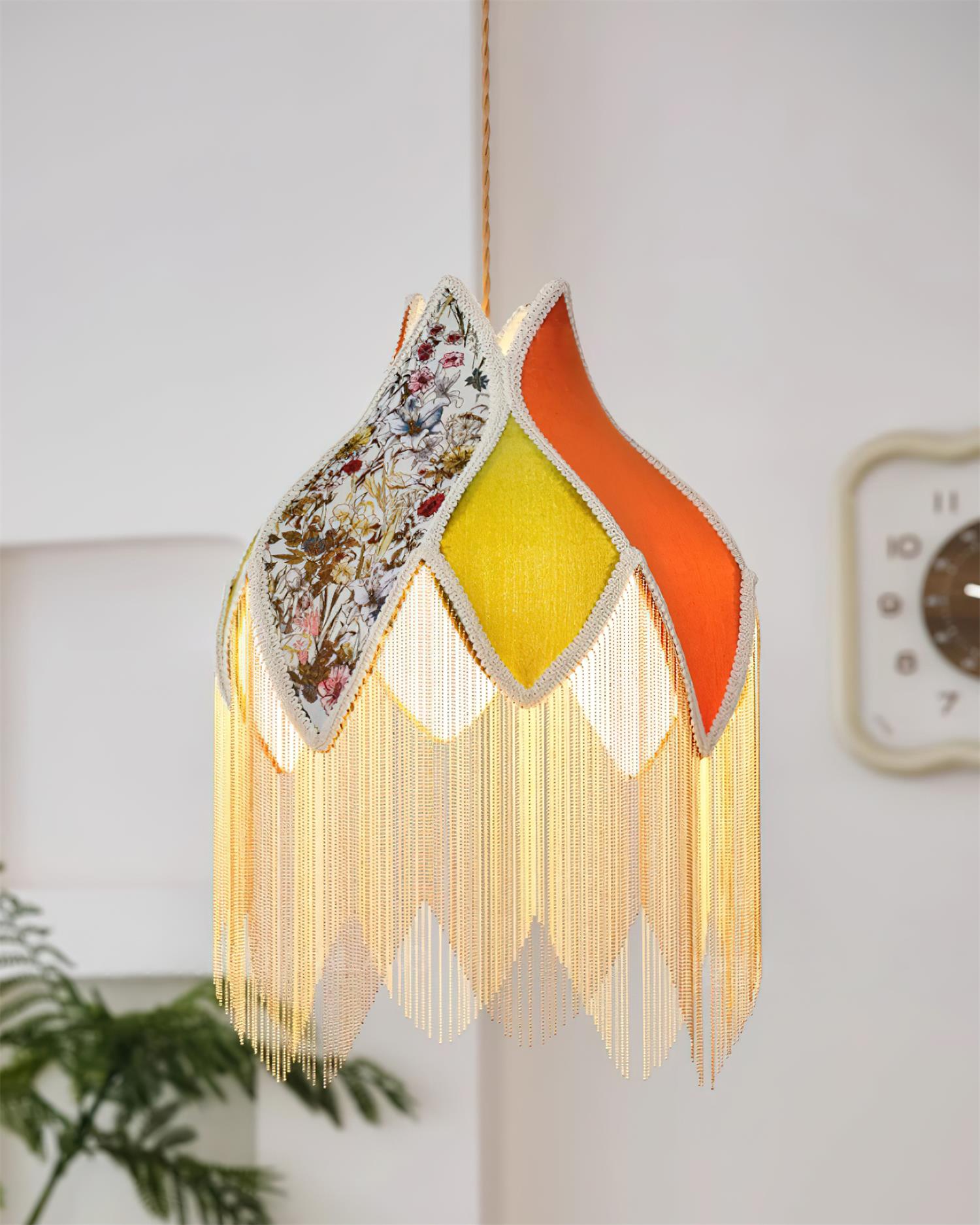 Pendant Lamp with Floral Petal Fabric Shade Fringe Bohemian