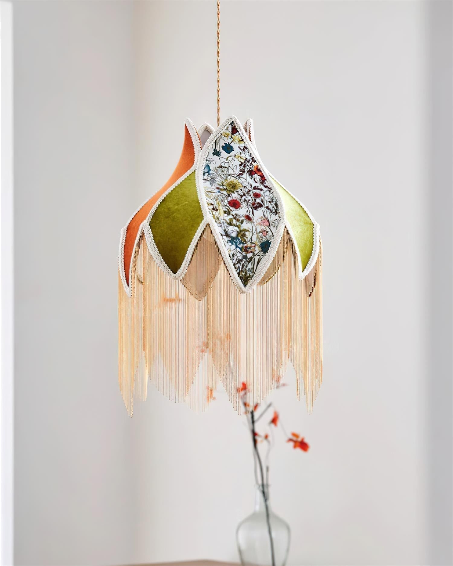 Pendant Lamp with Floral Petal Fabric Shade Fringe Bohemian