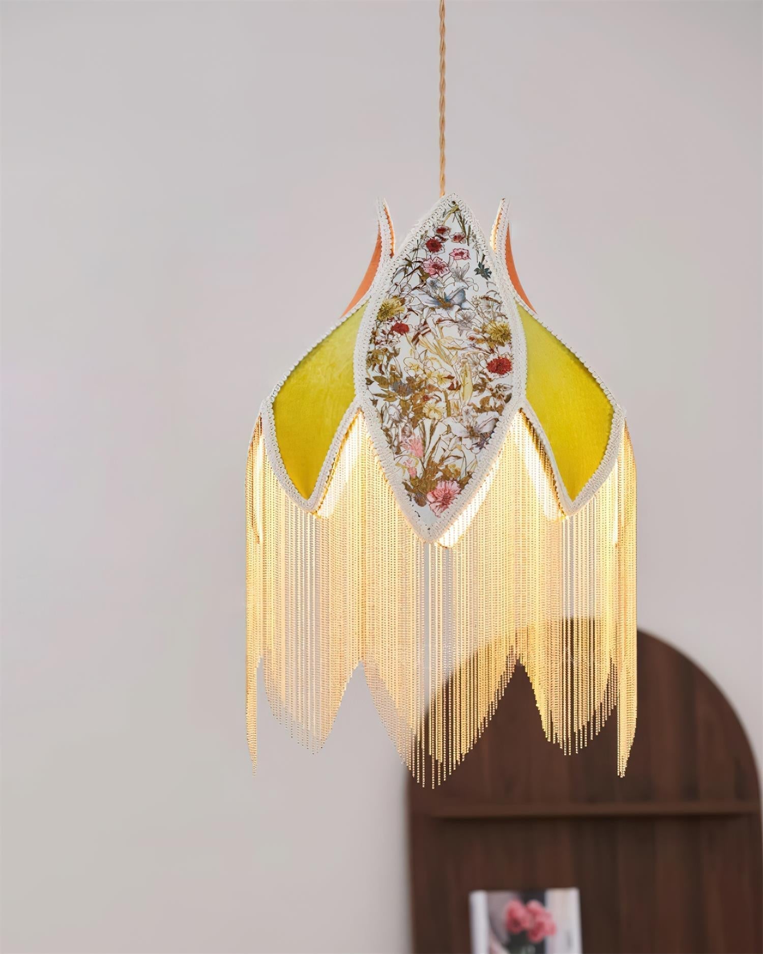Pendant Lamp with Floral Petal Fabric Shade Fringe Bohemian