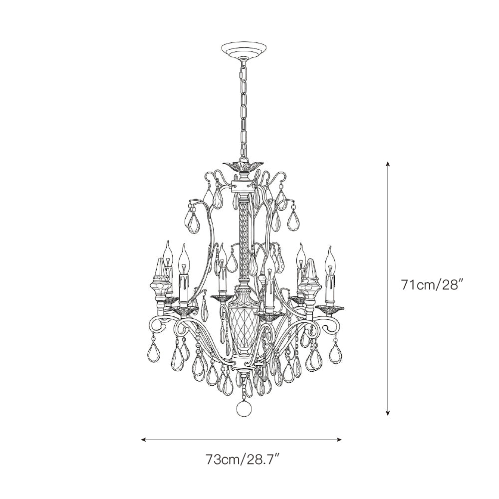 View of the candelabra-style bulbs on the vintage-style chandelier.