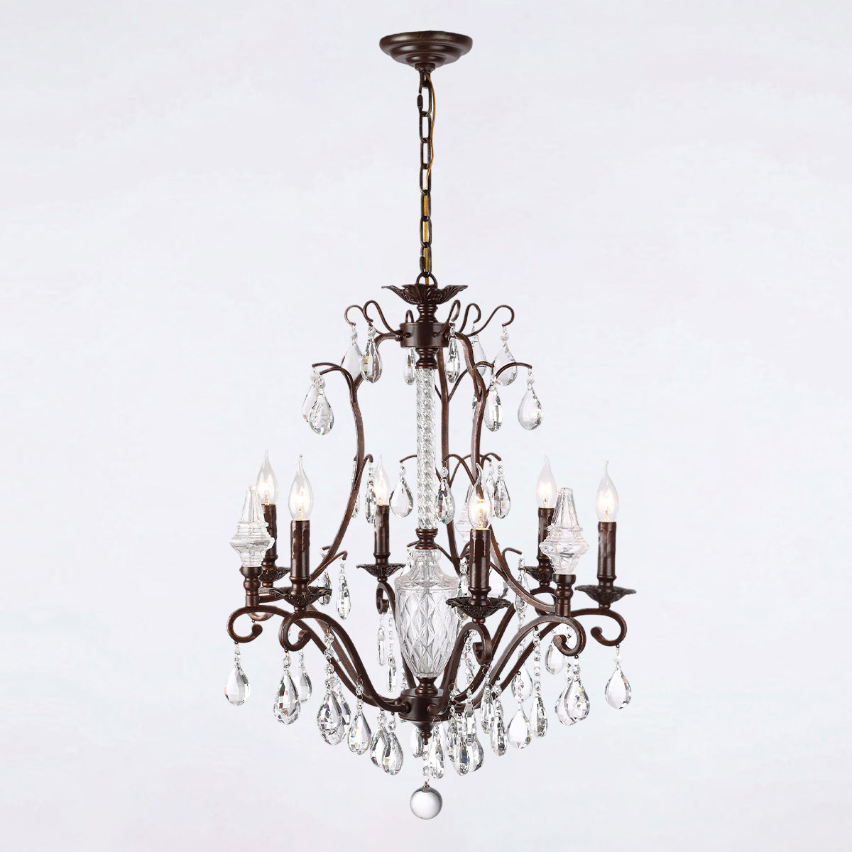 A wide shot of a room featuring the Diodem Chandelier as a centerpiece.