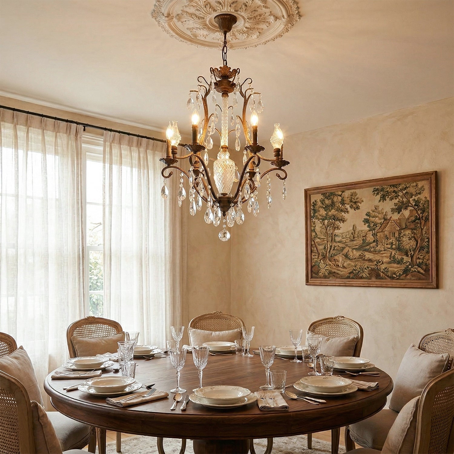 The chandelier shown above a formal dining table.