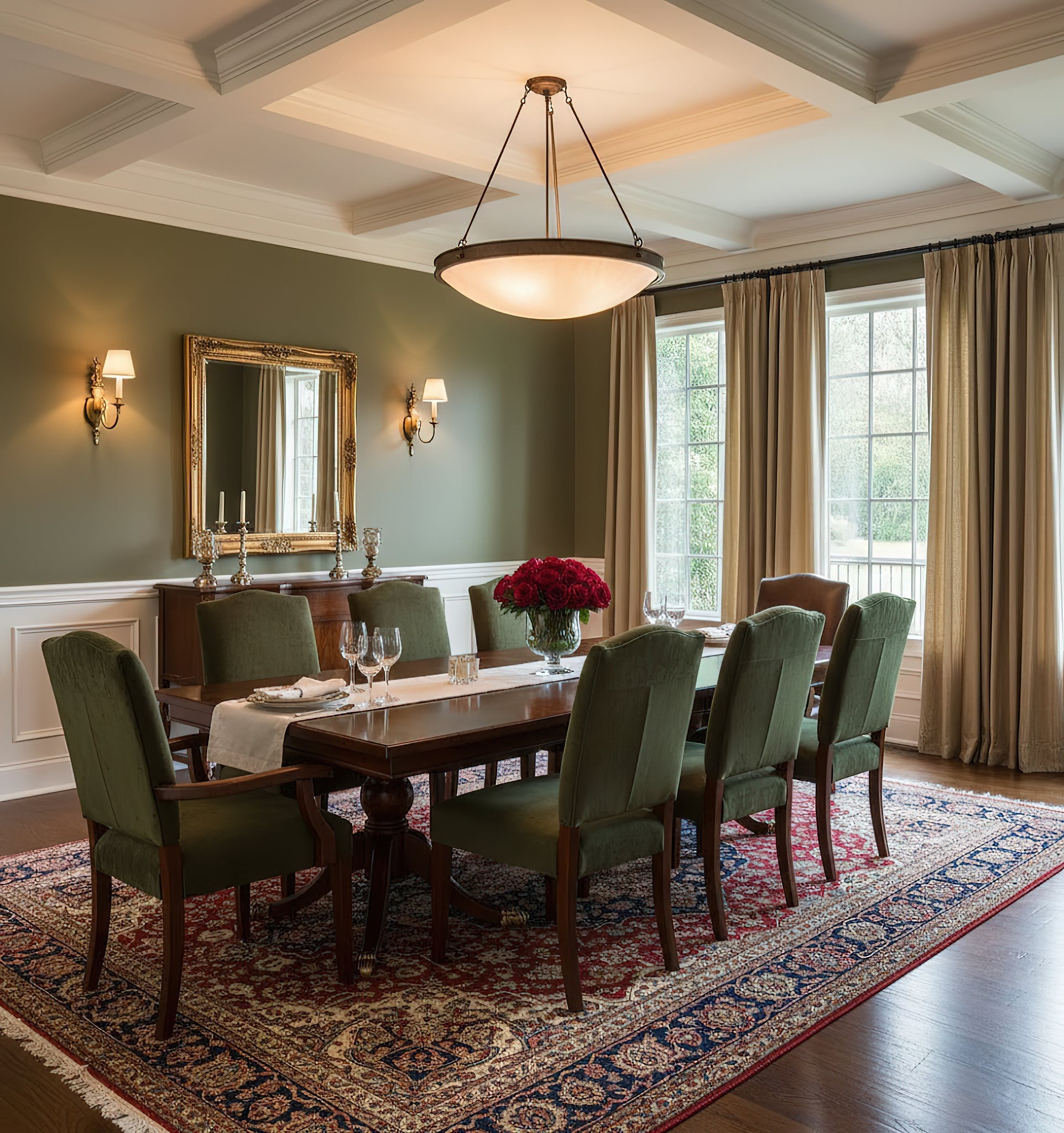 The Dionne ceiling lamp illuminated, casting a warm and ambient uplight.