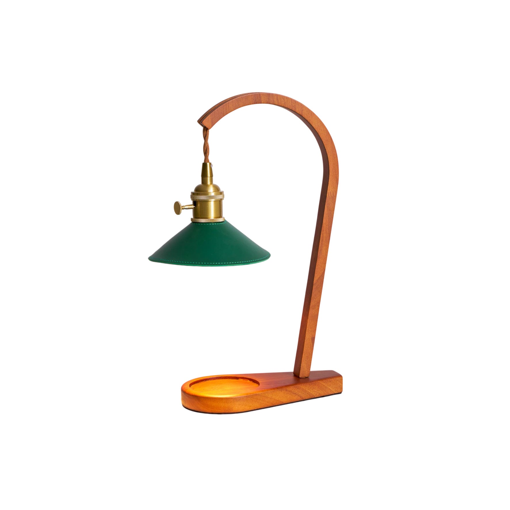 Diosa Candle Warmer Lamp with a green leather shade and walnut wood base.