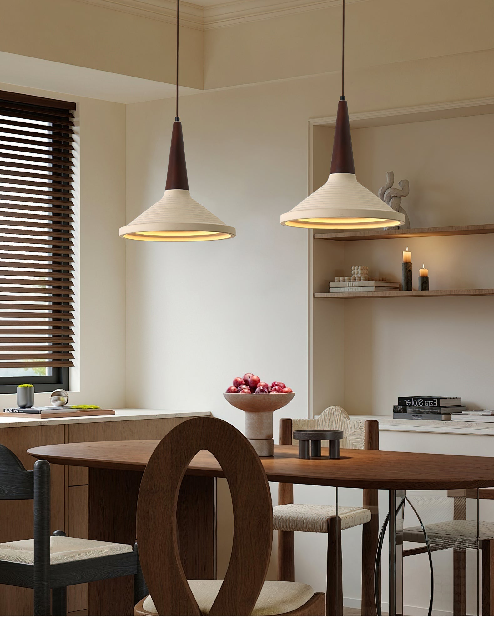 Close-up of the Doherty Pendant Light's travertine and wood materials.
