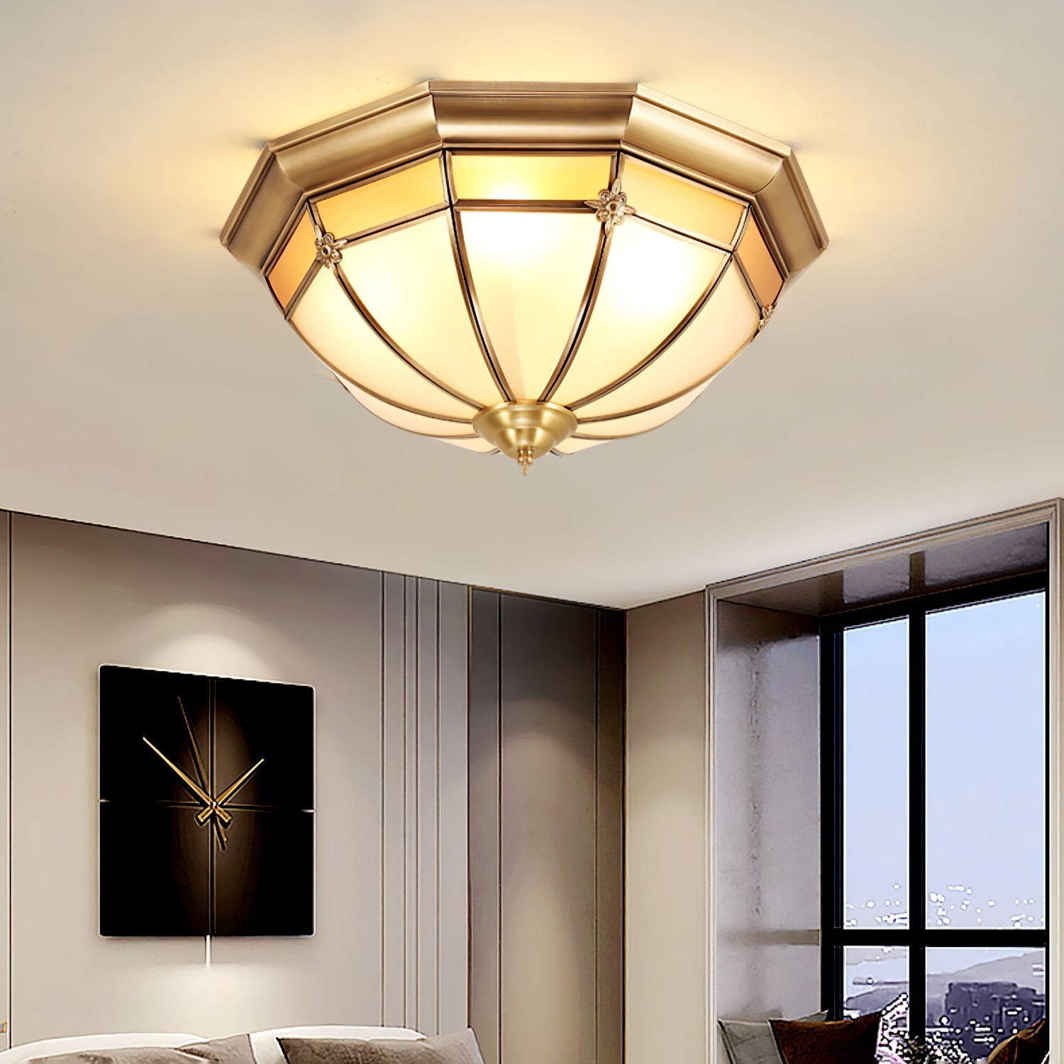 Vovynan Elegance Dome Brass Glass Flush Ceiling Lamp-Neutral Decor