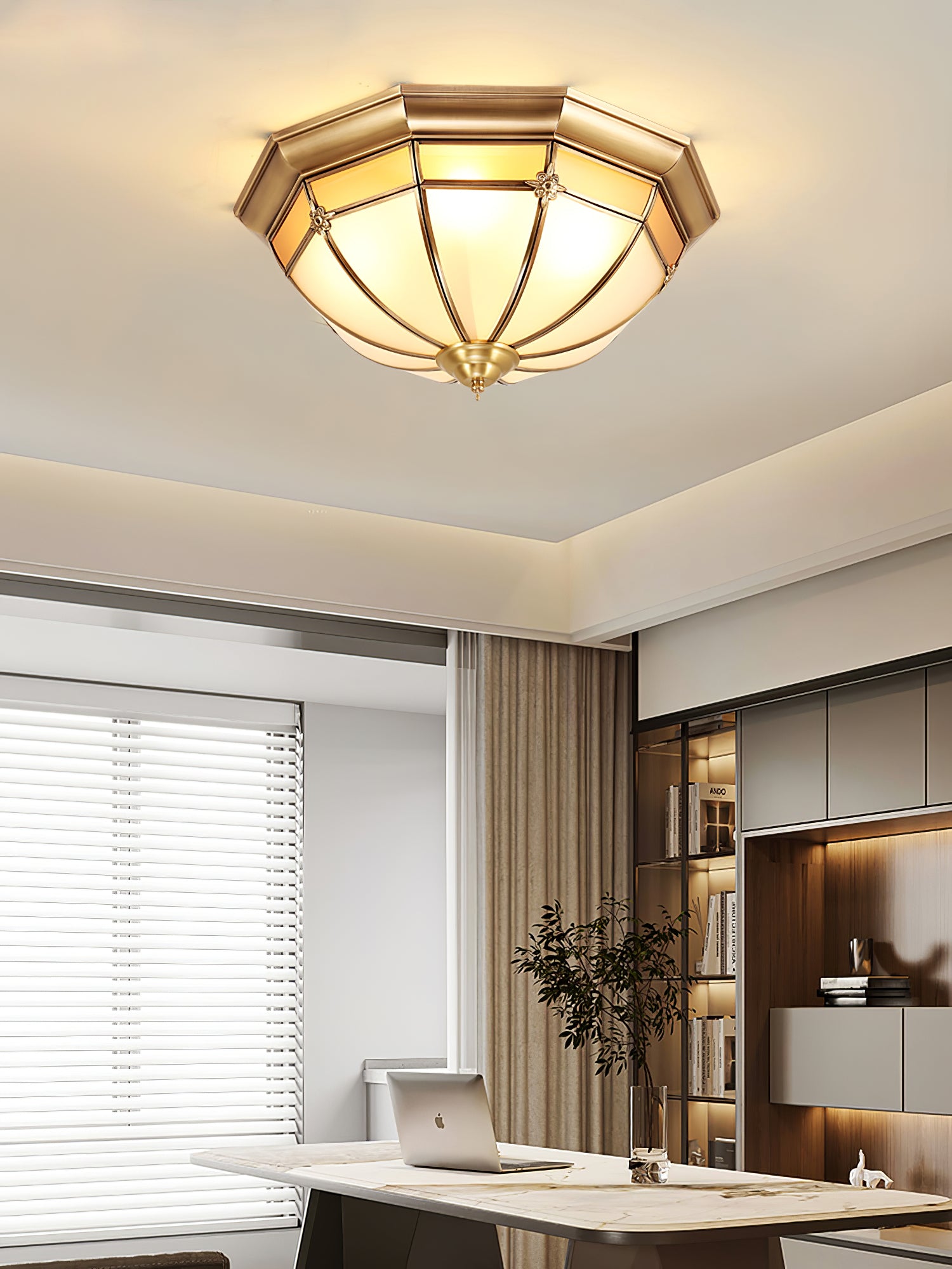 Vovynan Elegance Dome Brass Glass Flush Ceiling Lamp-Neutral Decor