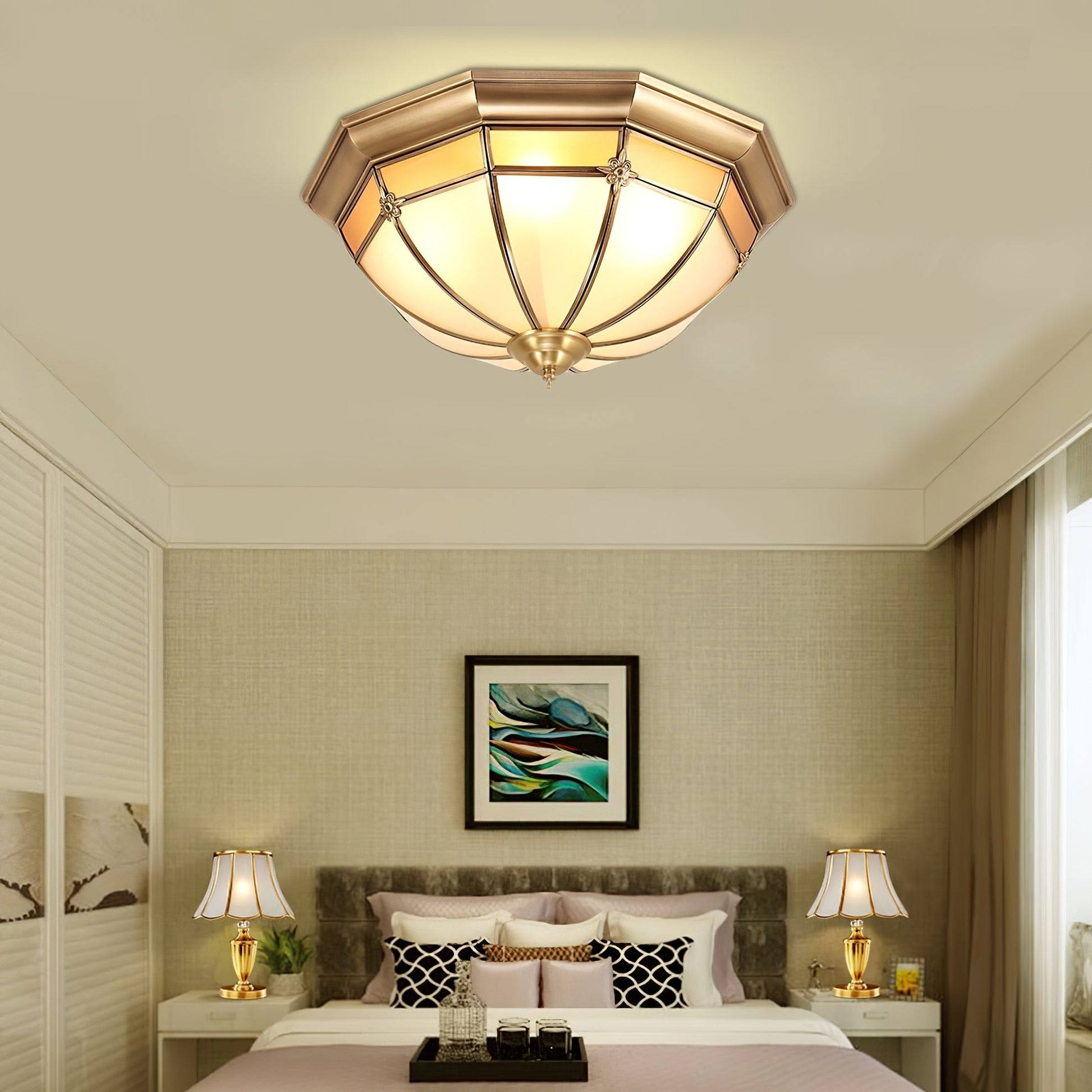 Vovynan Elegance Dome Brass Glass Flush Ceiling Lamp-Neutral Decor