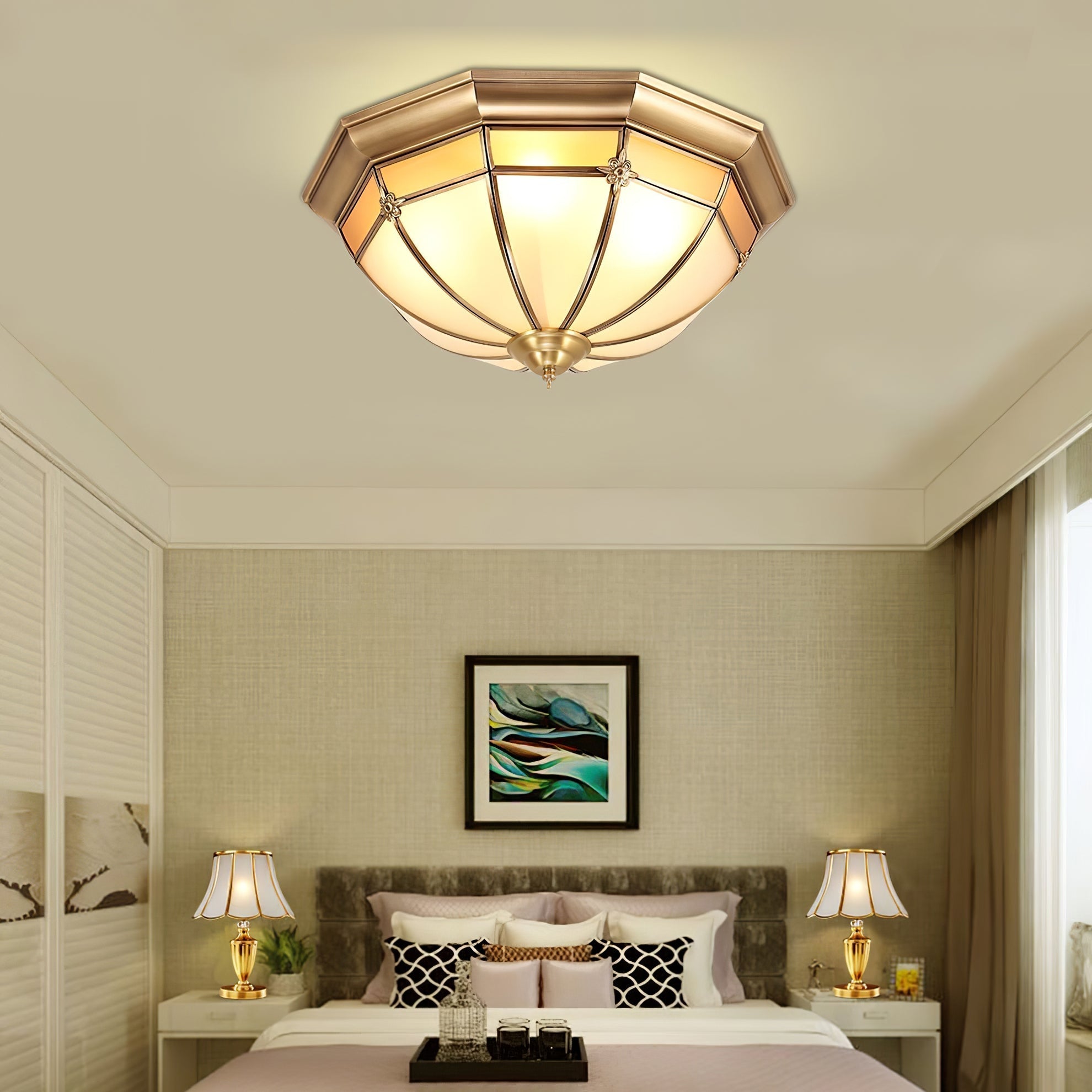 Vovynan Elegance Dome Brass Glass Flush Ceiling Lamp-Neutral Decor