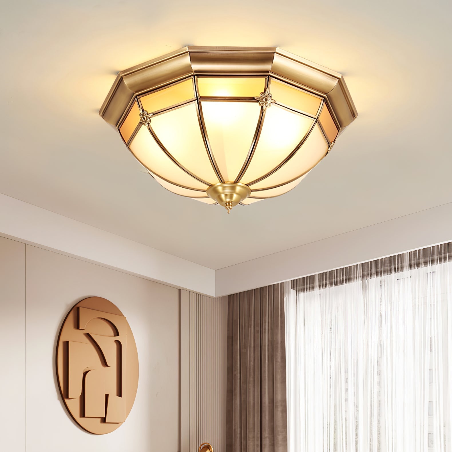 Vovynan Elegance Dome Brass Glass Flush Ceiling Lamp-Neutral Decor