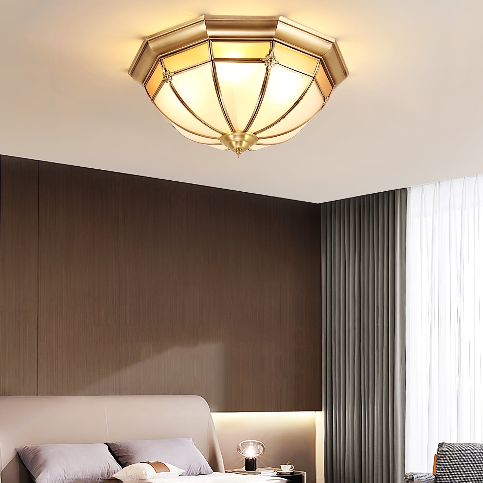 Vovynan Elegance Dome Brass Glass Flush Ceiling Lamp-Neutral Decor