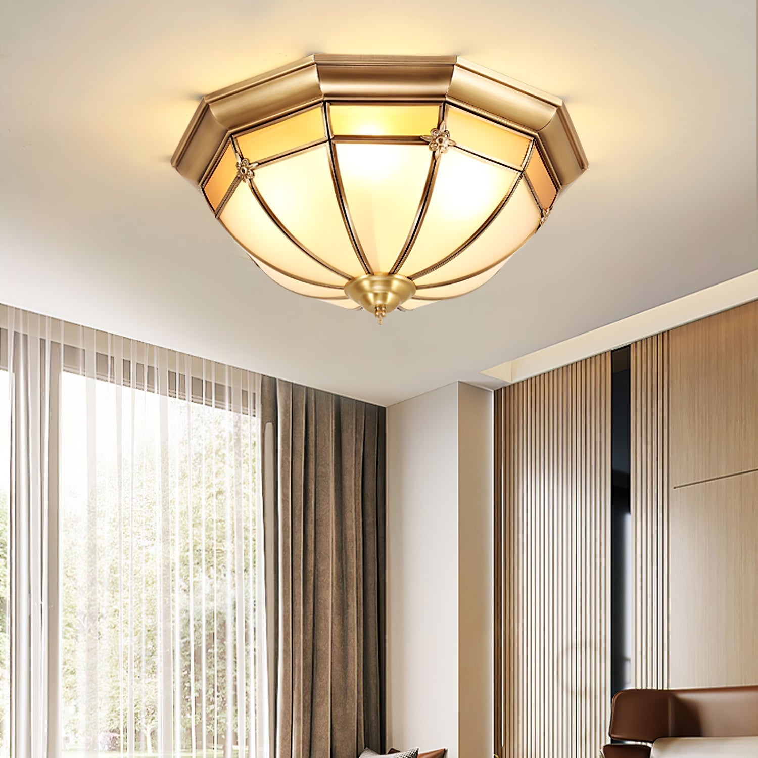 Vovynan Elegance Dome Brass Glass Flush Ceiling Lamp-Neutral Decor