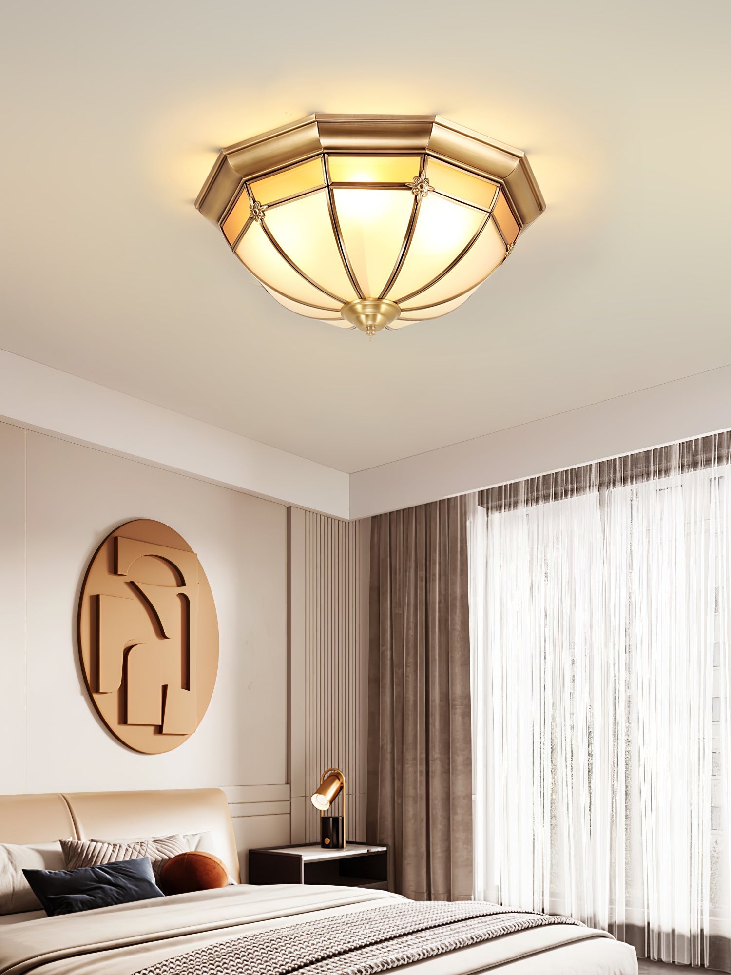 Vovynan Elegance Dome Brass Glass Flush Ceiling Lamp-Neutral Decor