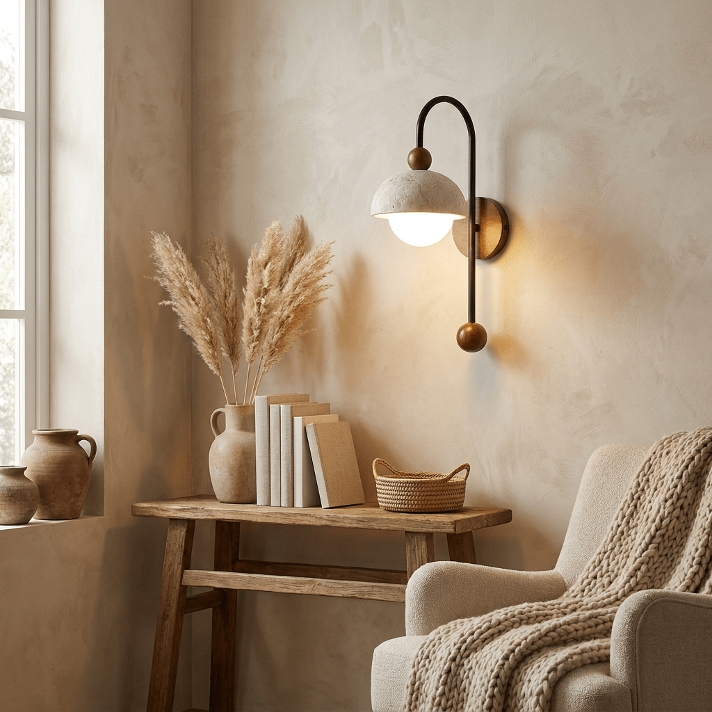 Dome Globe Travertine Arc Sconce-Neutral Decor