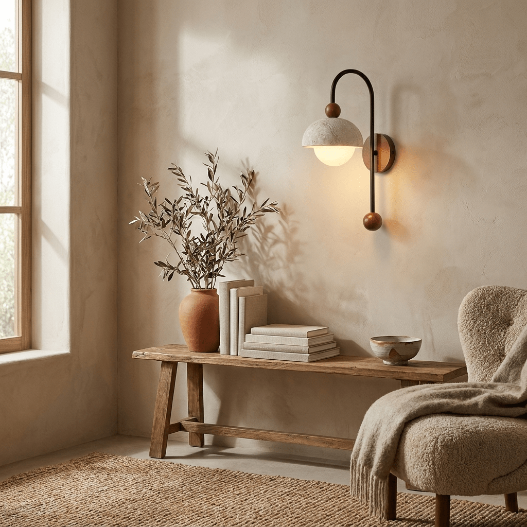 Dome Globe Travertine Arc Sconce-Neutral Decor