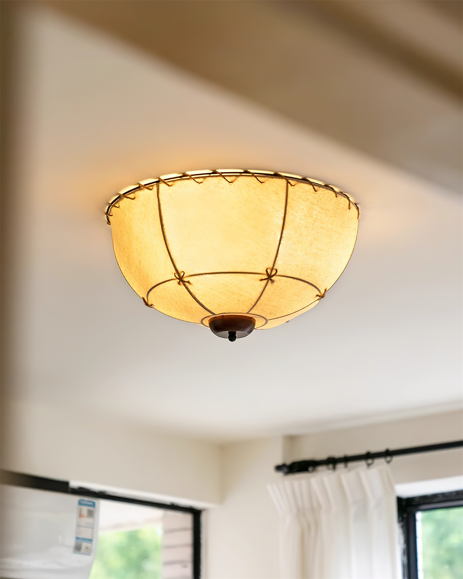 Dome Ceiling Light Handcrafted Wood Fabric Rustic-Neutral Decor