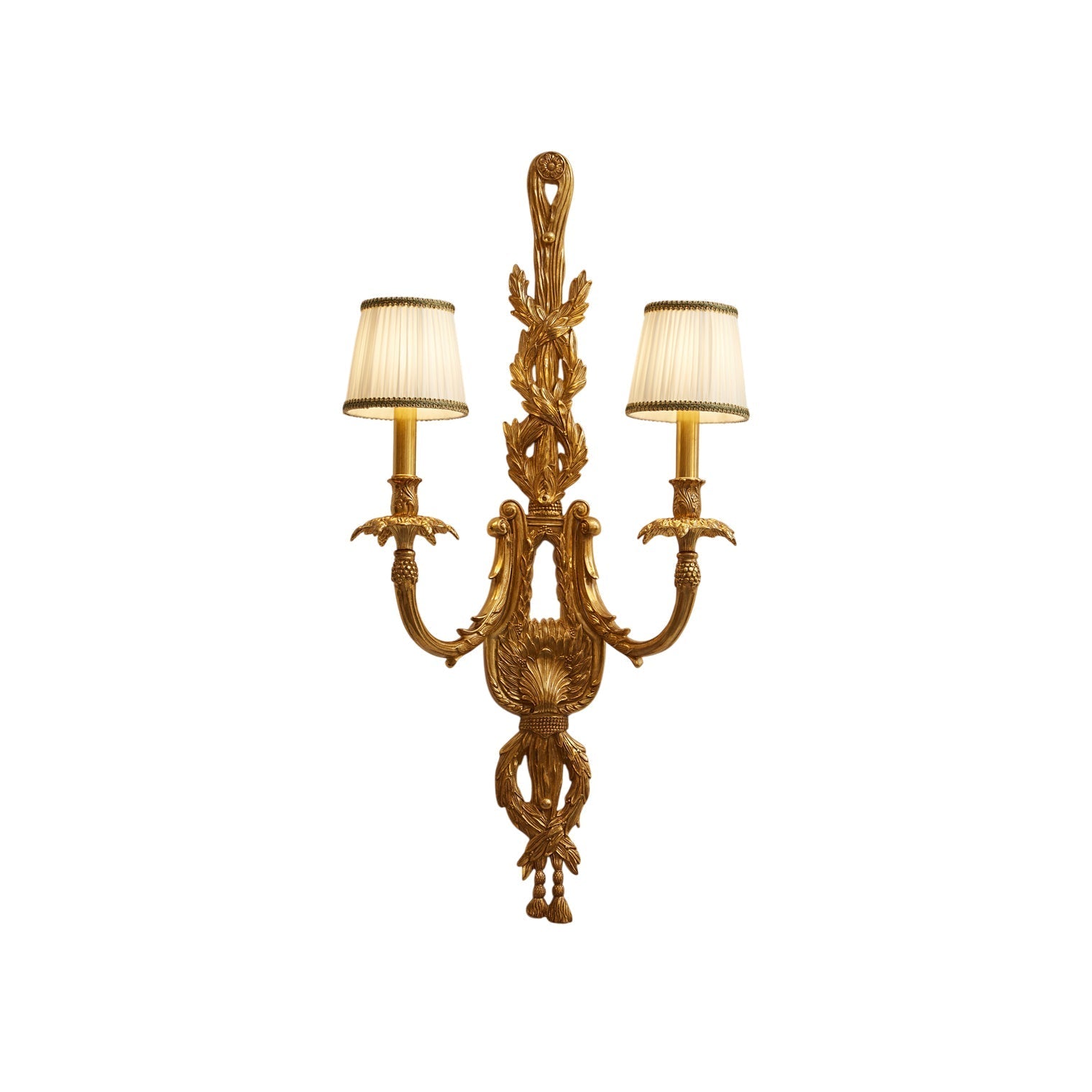 Dominique Brass Wall Lamp with a white fabric shade.