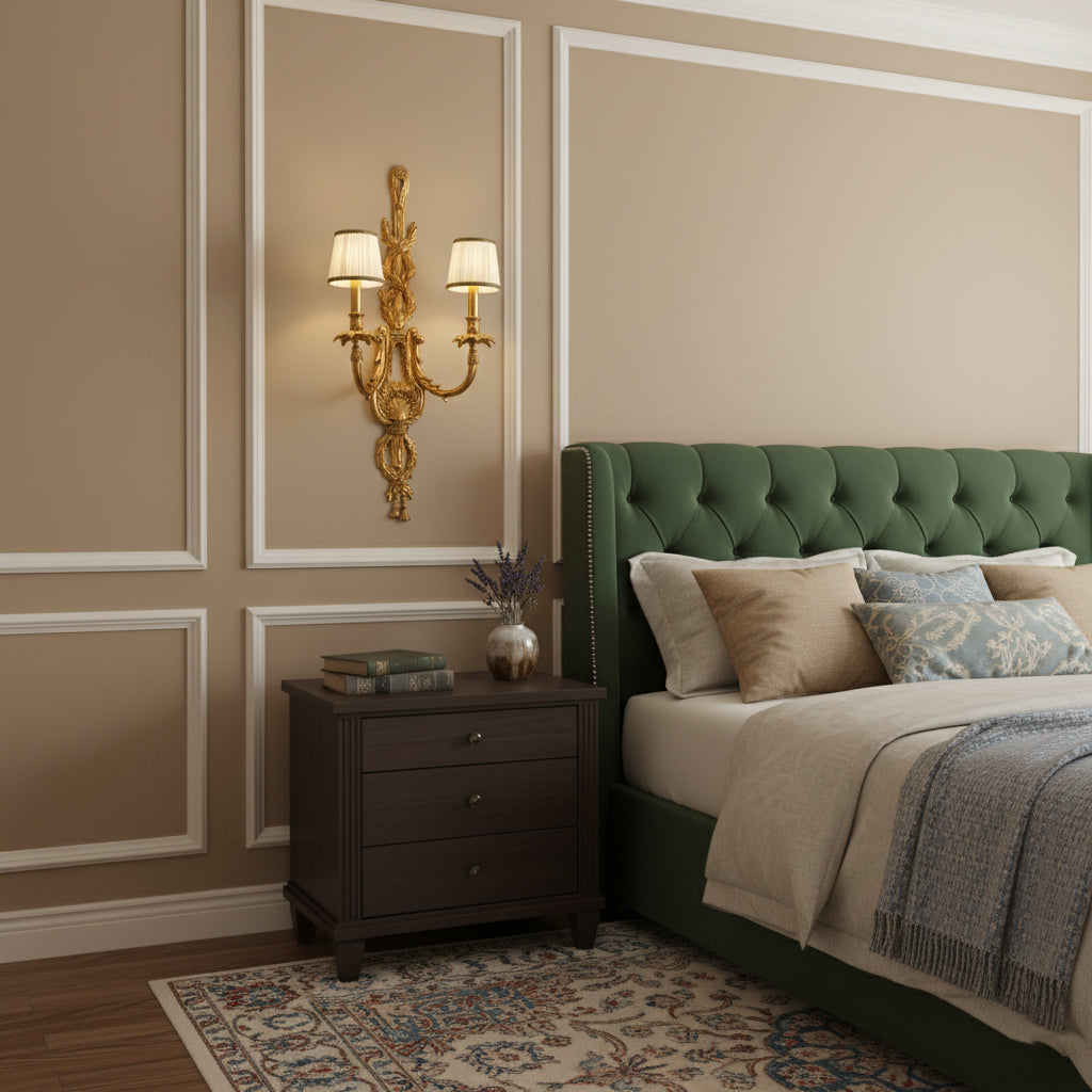 The Dominique Wall Lamp shown illuminated in a living room.