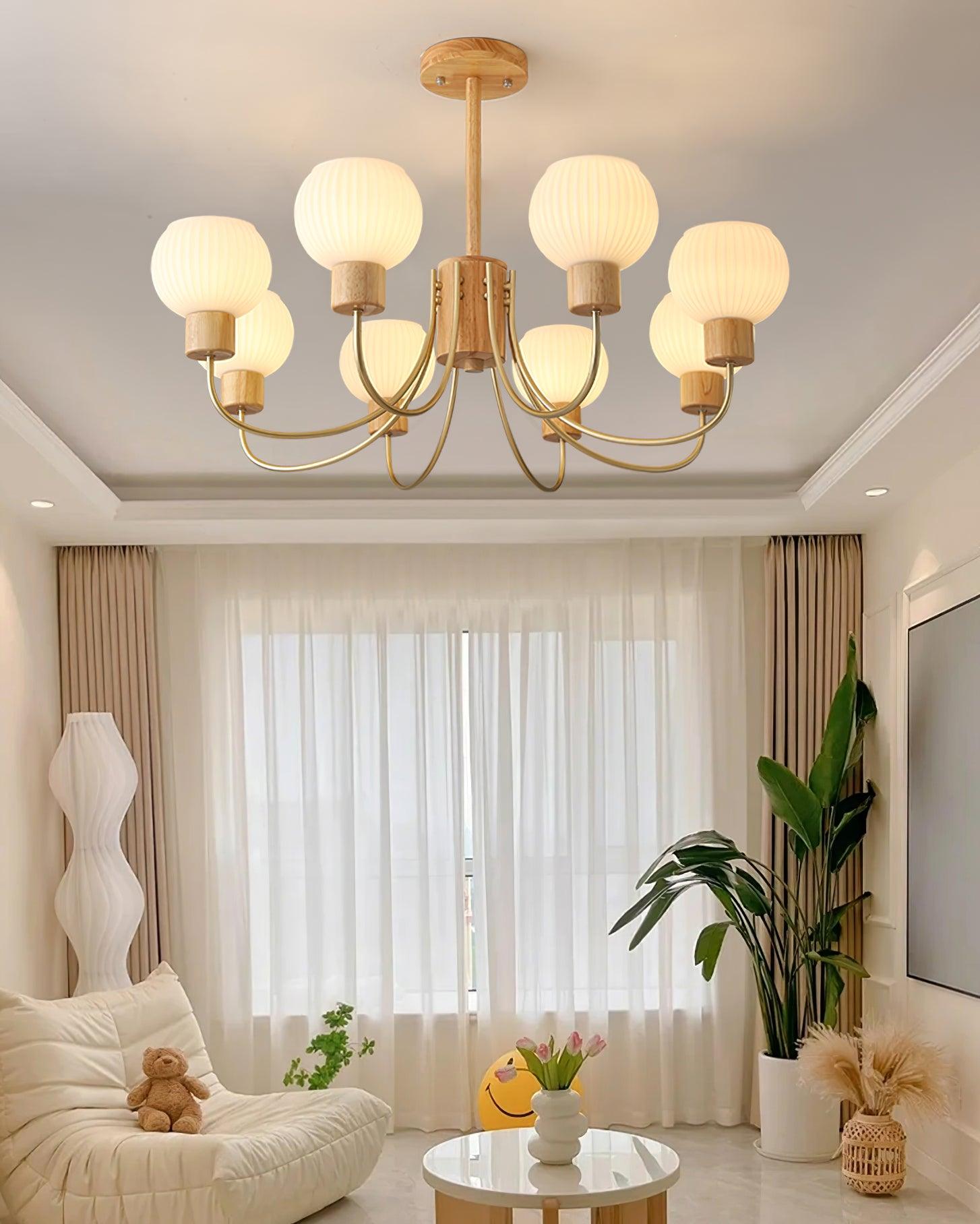 Lustra Chandelier Wooden 6 Lights Elegant Glass-Neutral Decor
