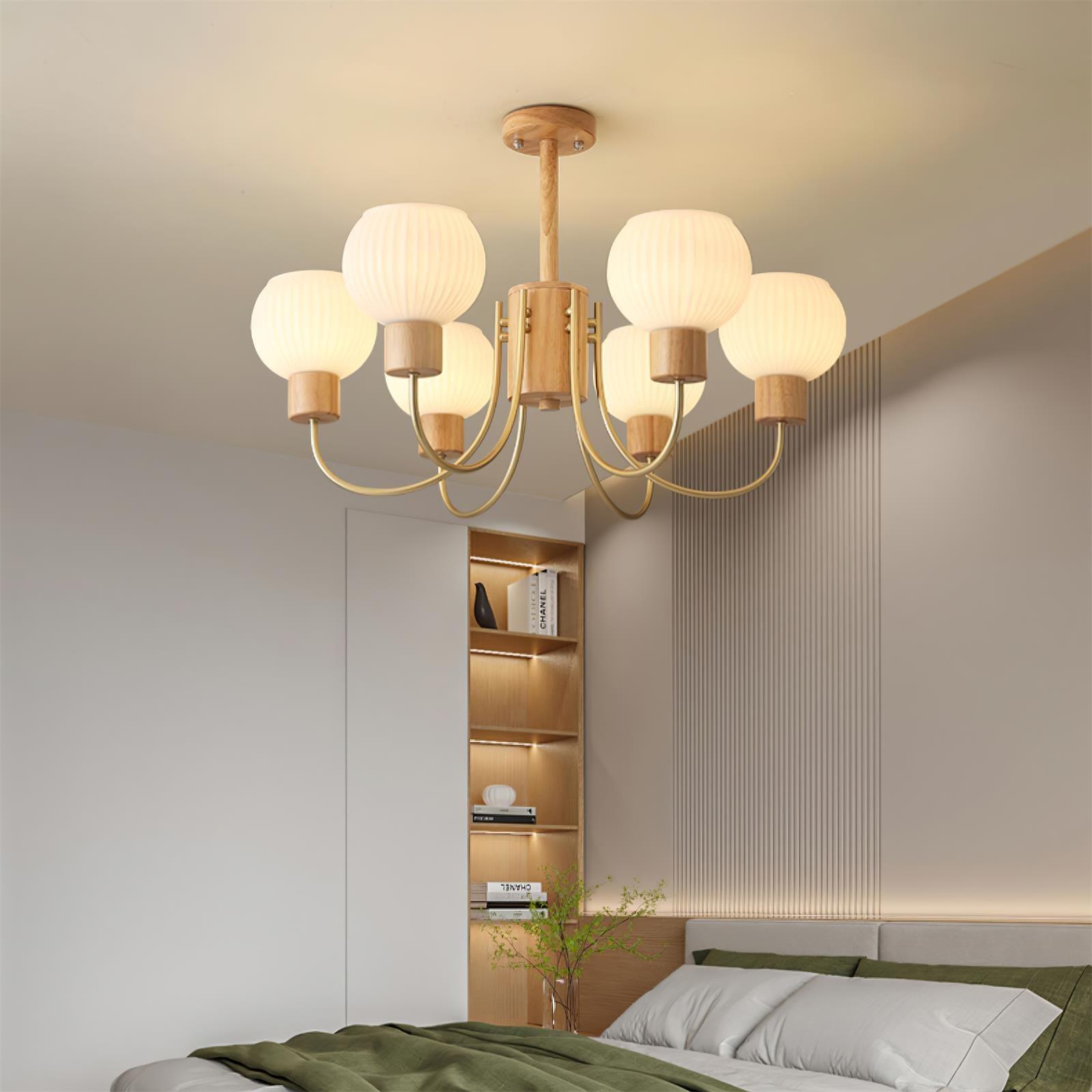 Lustra Chandelier Wooden 6 Lights Elegant Glass-Neutral Decor