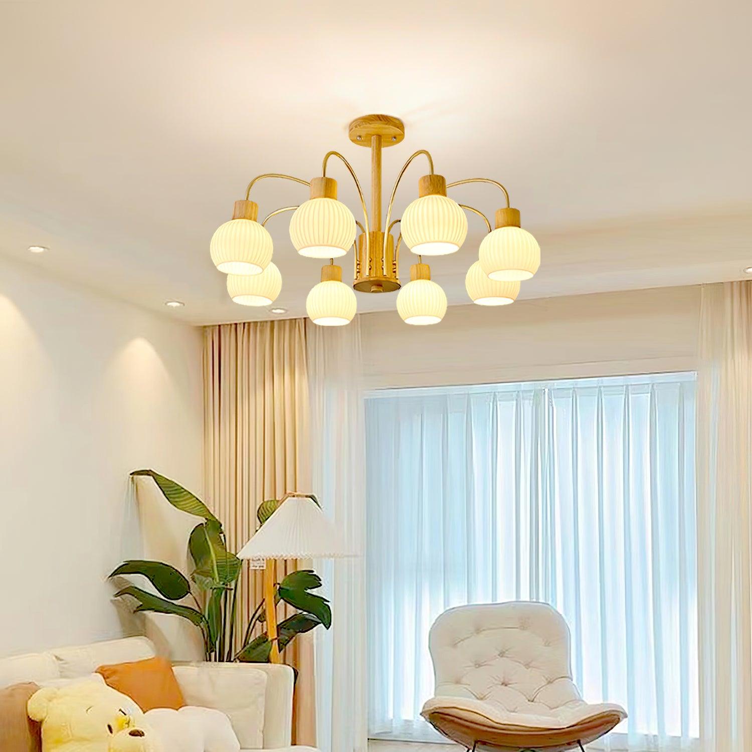 Lustra Chandelier Wooden 6 Lights Elegant Glass-Neutral Decor