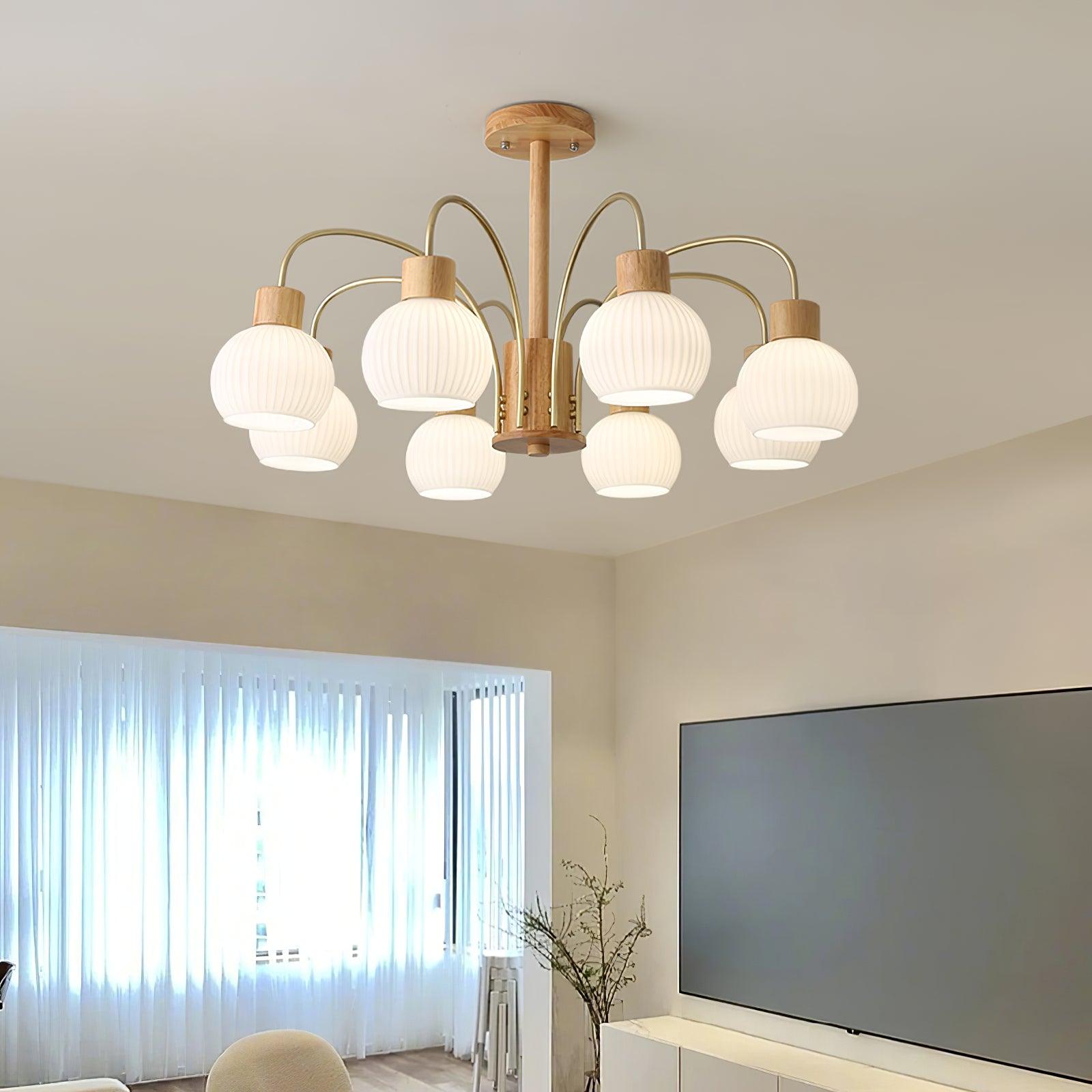 Lustra Chandelier Wooden 6 Lights Elegant Glass-Neutral Decor