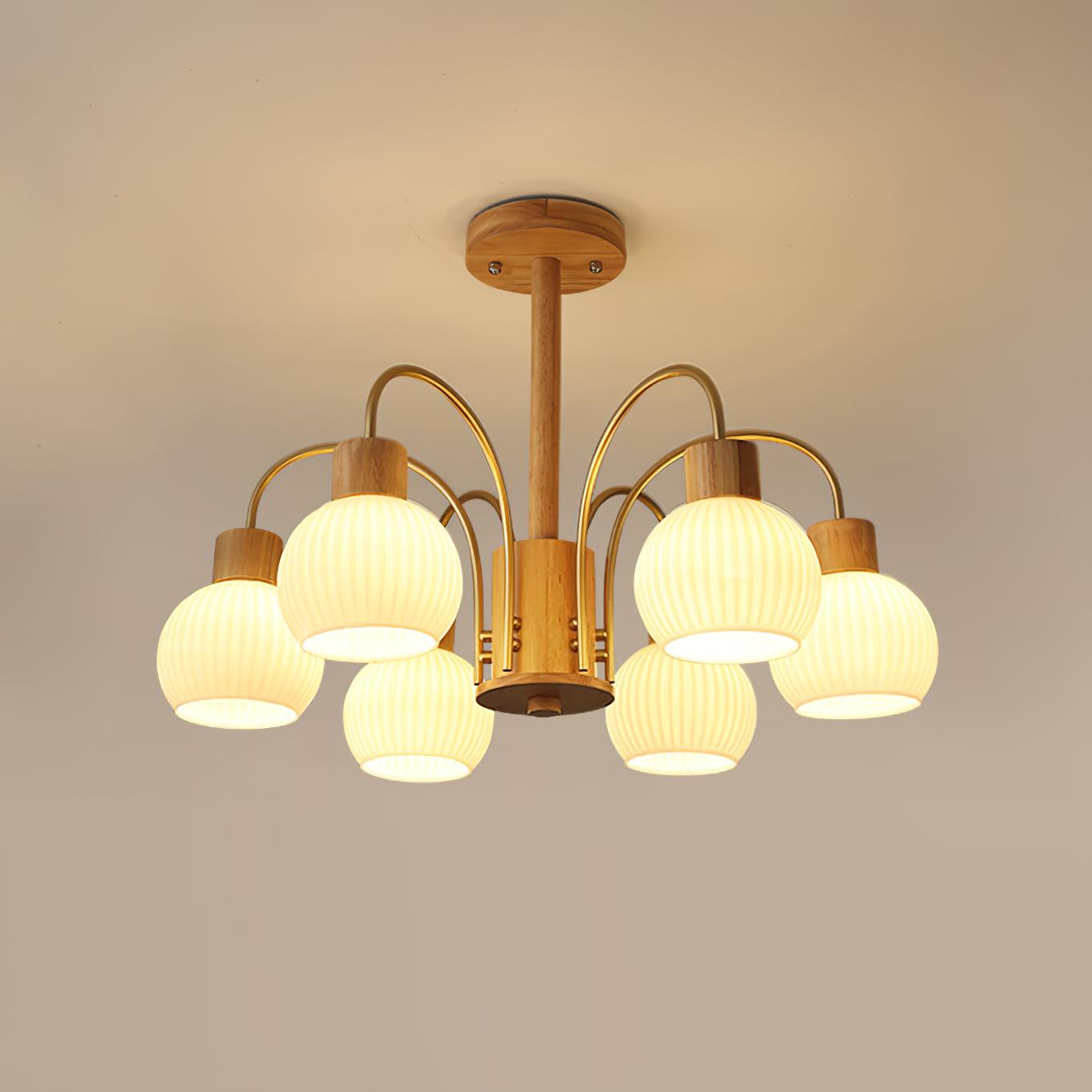 Lustra Chandelier Wooden 6 Lights Elegant Glass-Neutral Decor