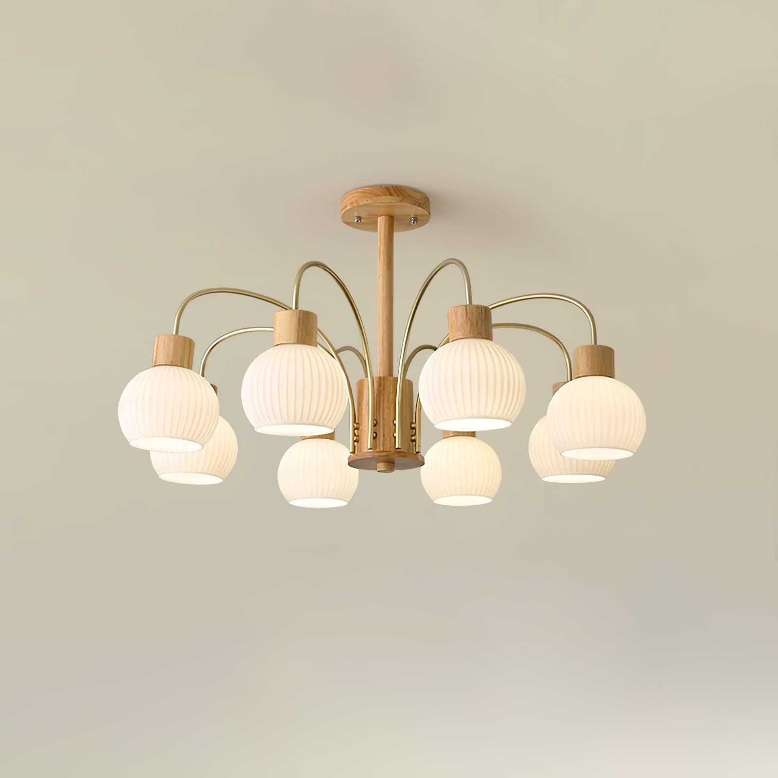 Lustra Chandelier Wooden 6 Lights Elegant Glass-Neutral Decor