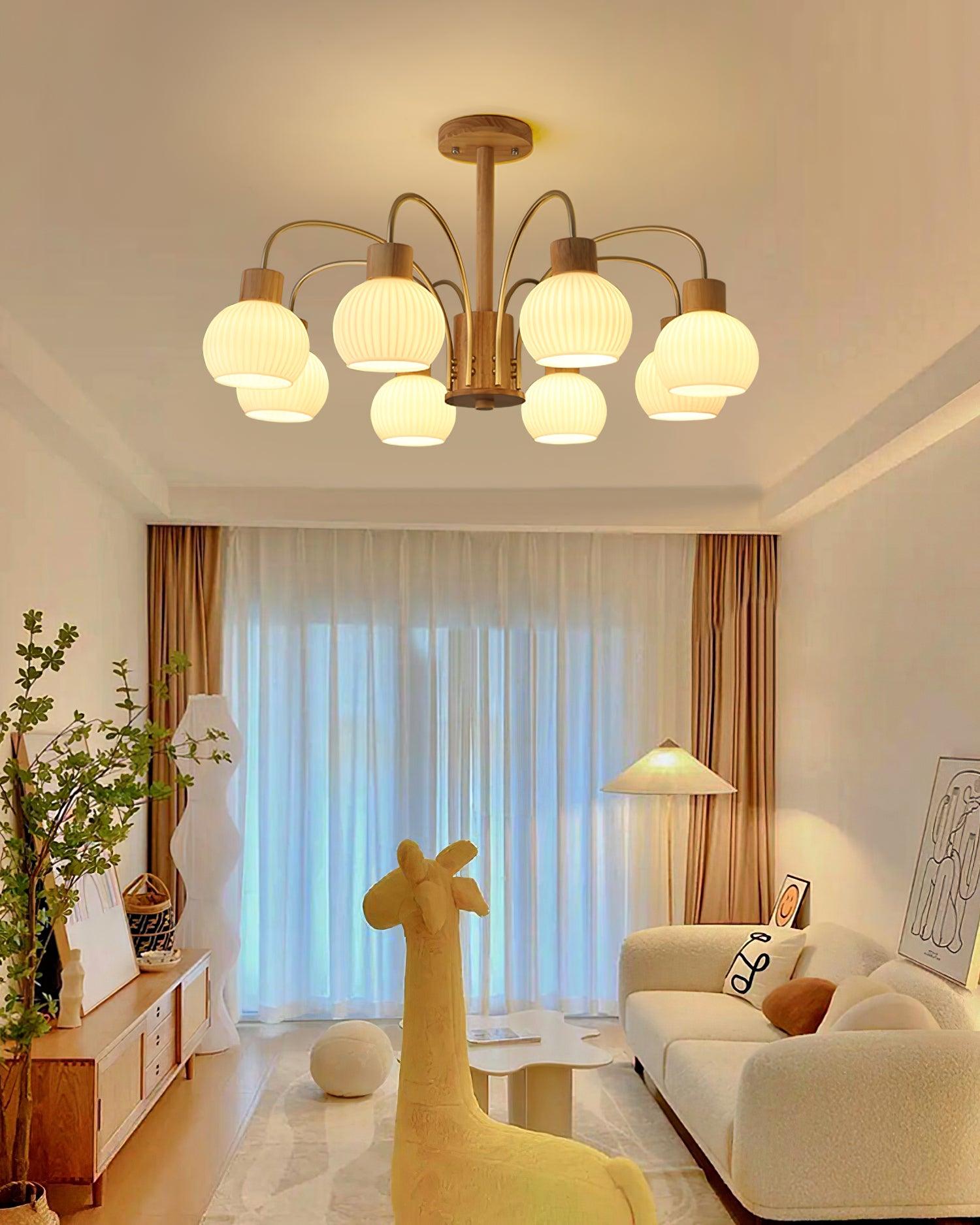 Lustra Chandelier Wooden 6 Lights Elegant Glass-Neutral Decor