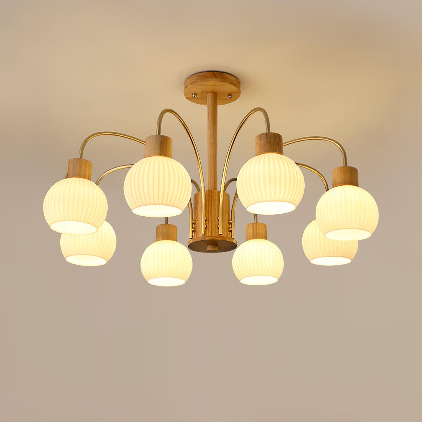Lustra Chandelier Wooden 6 Lights Elegant Glass-Neutral Decor