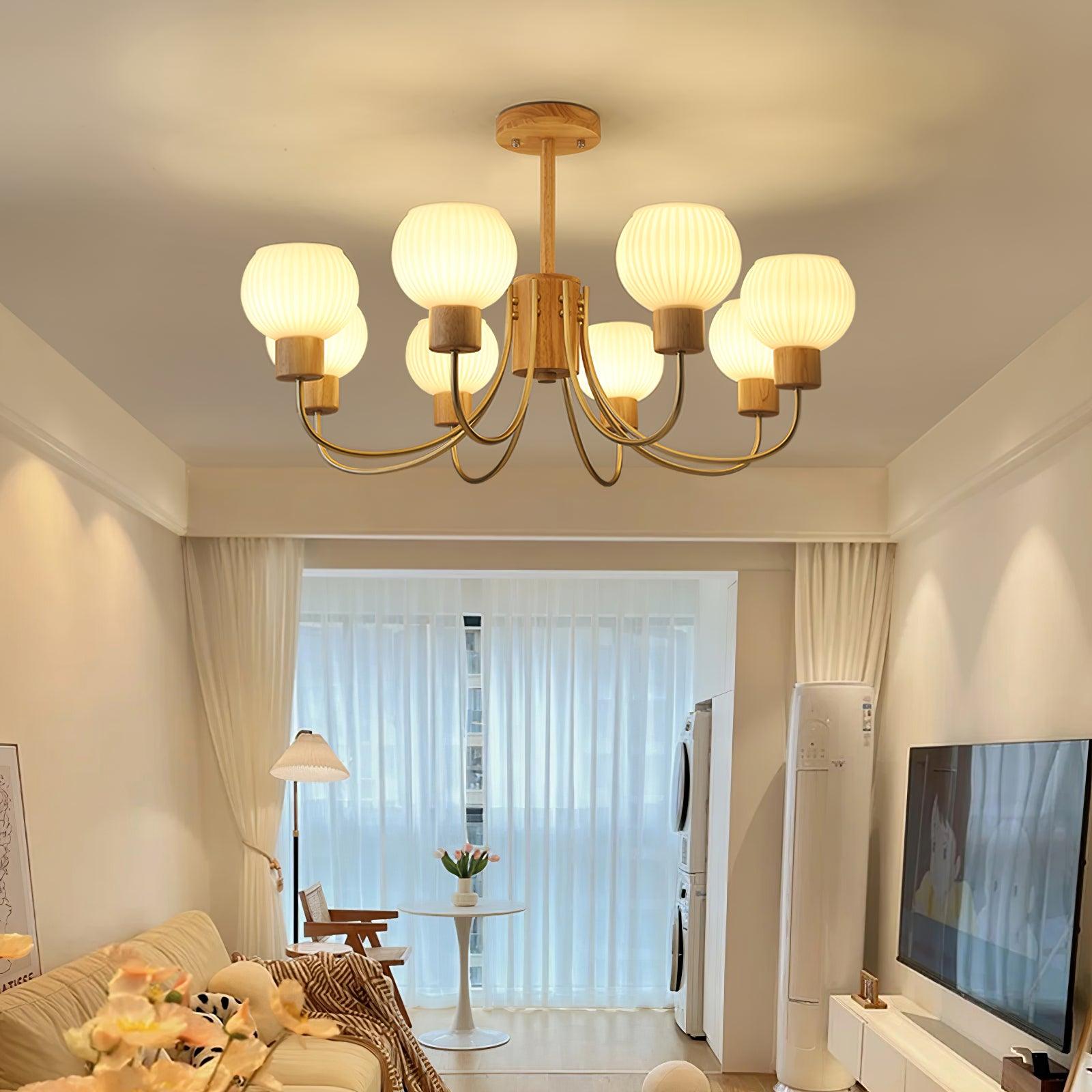 Lustra Chandelier Wooden 6 Lights Elegant Glass-Neutral Decor