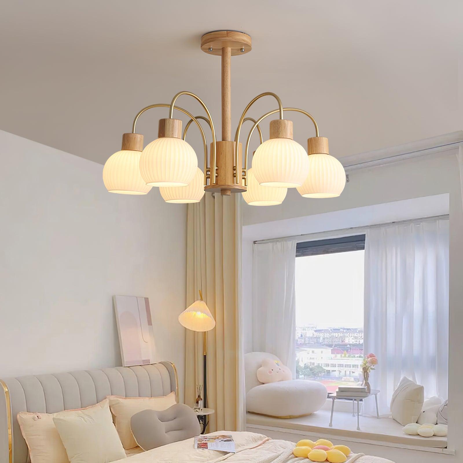 Lustra Chandelier Wooden 6 Lights Elegant Glass-Neutral Decor
