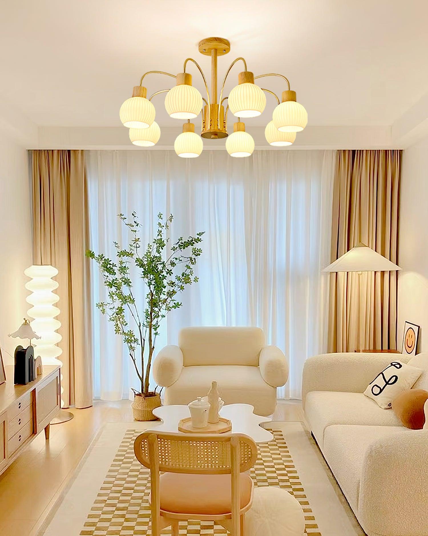 Lustra Chandelier Wooden 6 Lights Elegant Glass-Neutral Decor