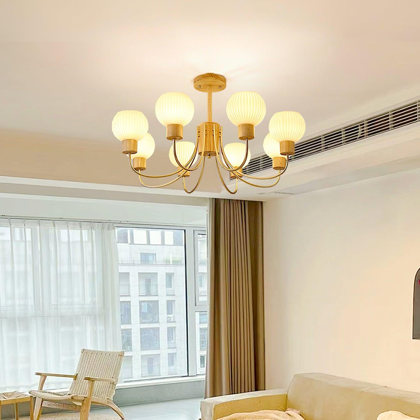 Lustra Chandelier Wooden 6 Lights Elegant Glass-Neutral Decor