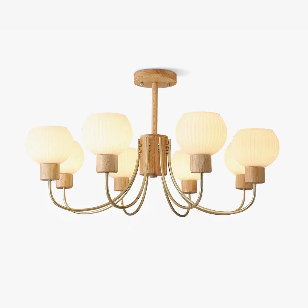 Lustra Chandelier Wooden 6 Lights Elegant Glass-Neutral Decor