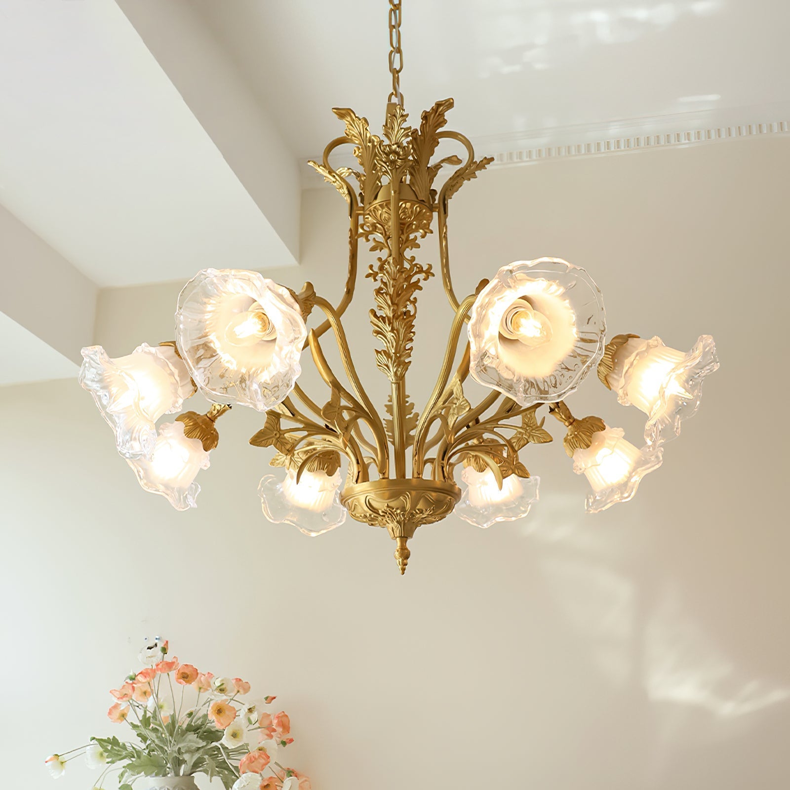 Dore Flower Chandelier against a dark wall for contrast.