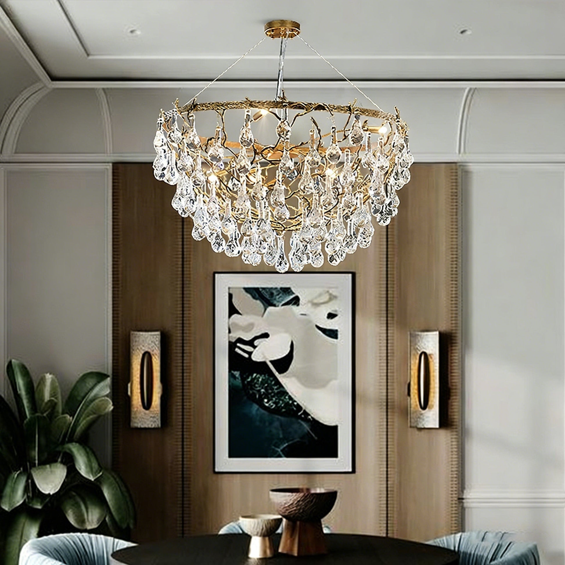 Doris Chandelier hanging in a formal dining room setting.