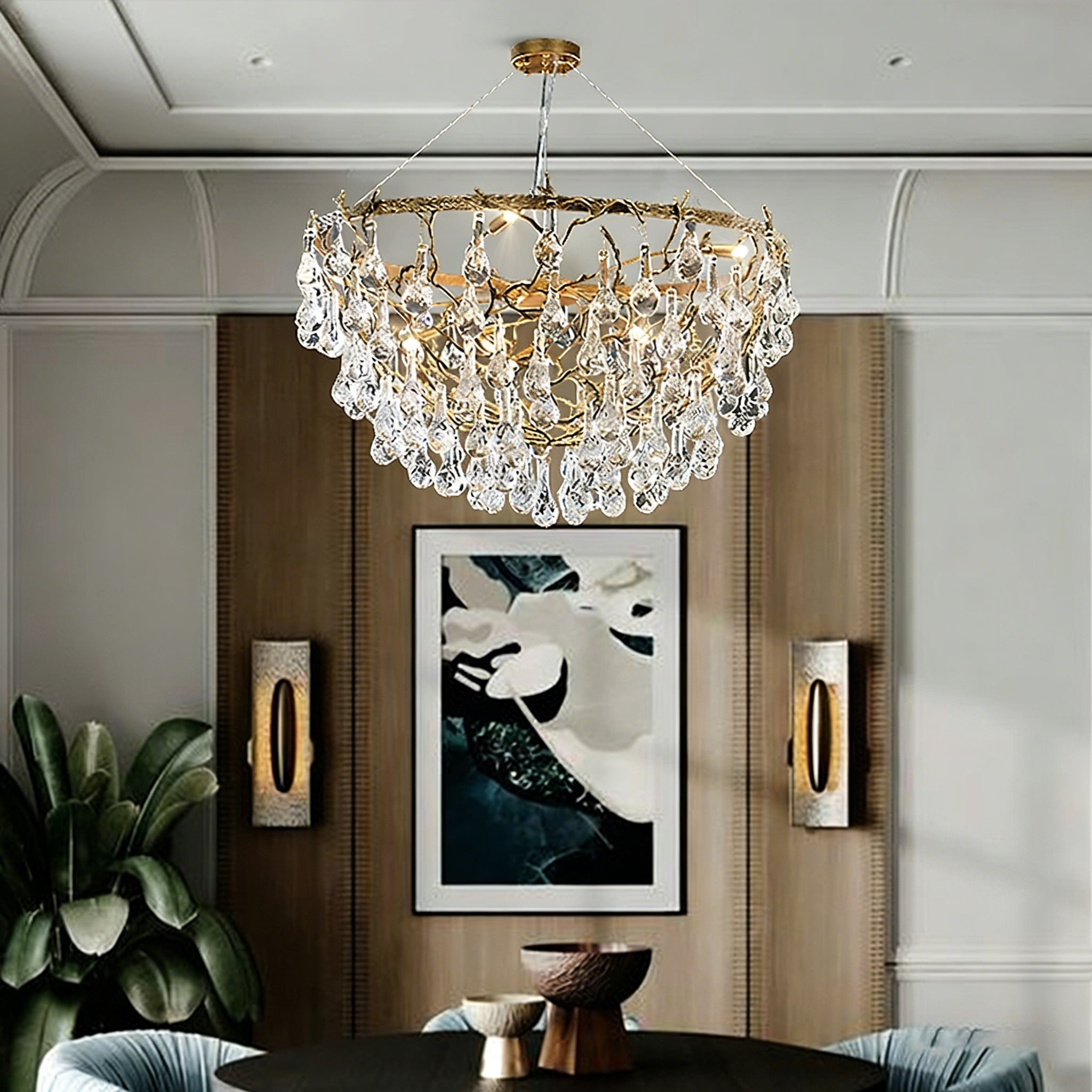 Doris Chandelier hanging in a formal dining room setting.